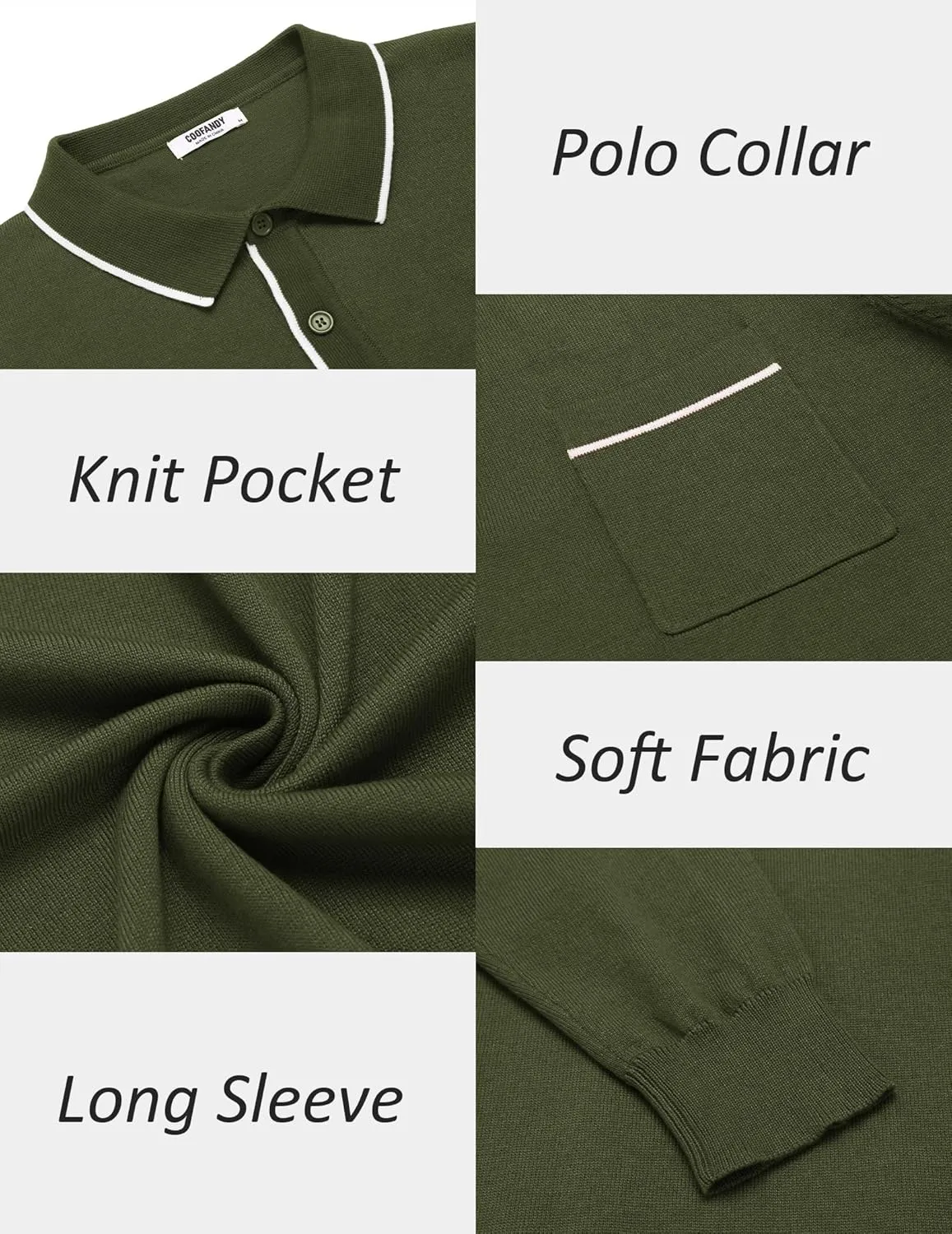 COOFANDY Mens Knit Polo Long Sleeve Collared Sweater Polo Business Casual Polos with Pocket