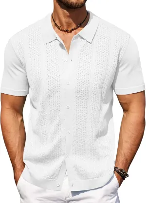 COOFANDY Mens Knit Polo Shirts Short Sleeve Button Down Shirts Casual Crochet Shirt Summer Vintage Polo
