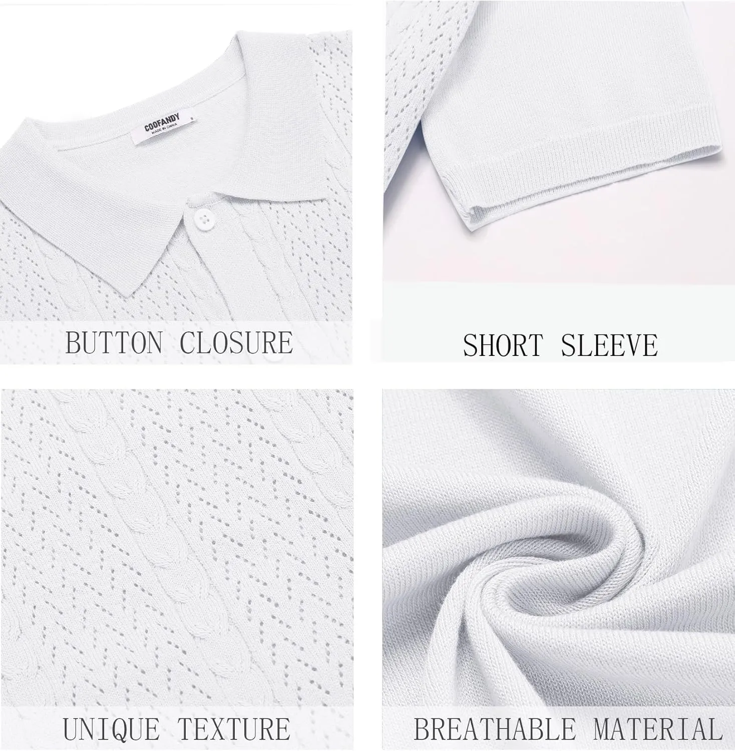 COOFANDY Mens Knit Polo Shirts Short Sleeve Button Down Shirts Casual Crochet Shirt Summer Vintage Polo