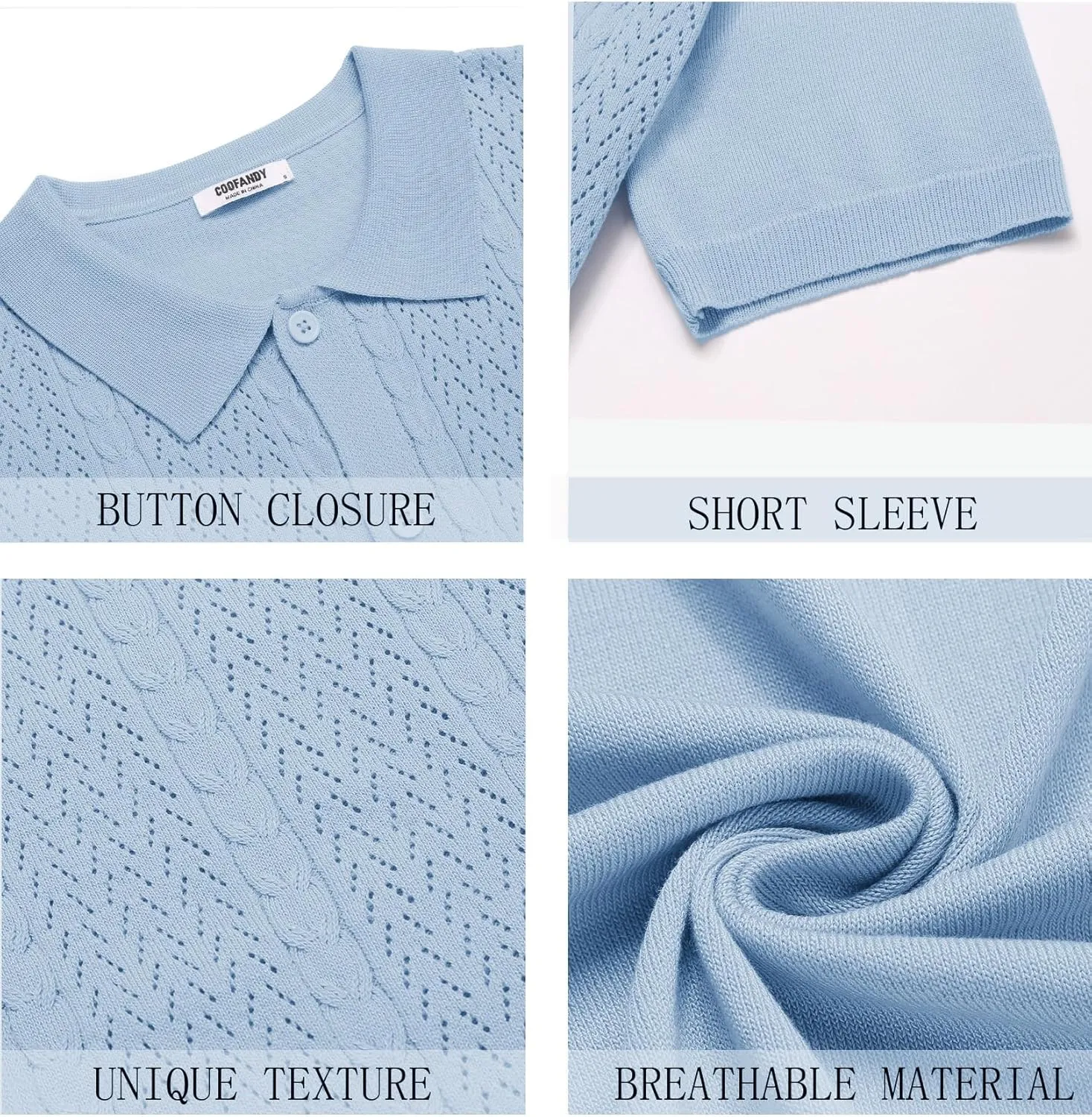 COOFANDY Mens Knit Polo Shirts Short Sleeve Button Down Shirts Casual Crochet Shirt Summer Vintage Polo