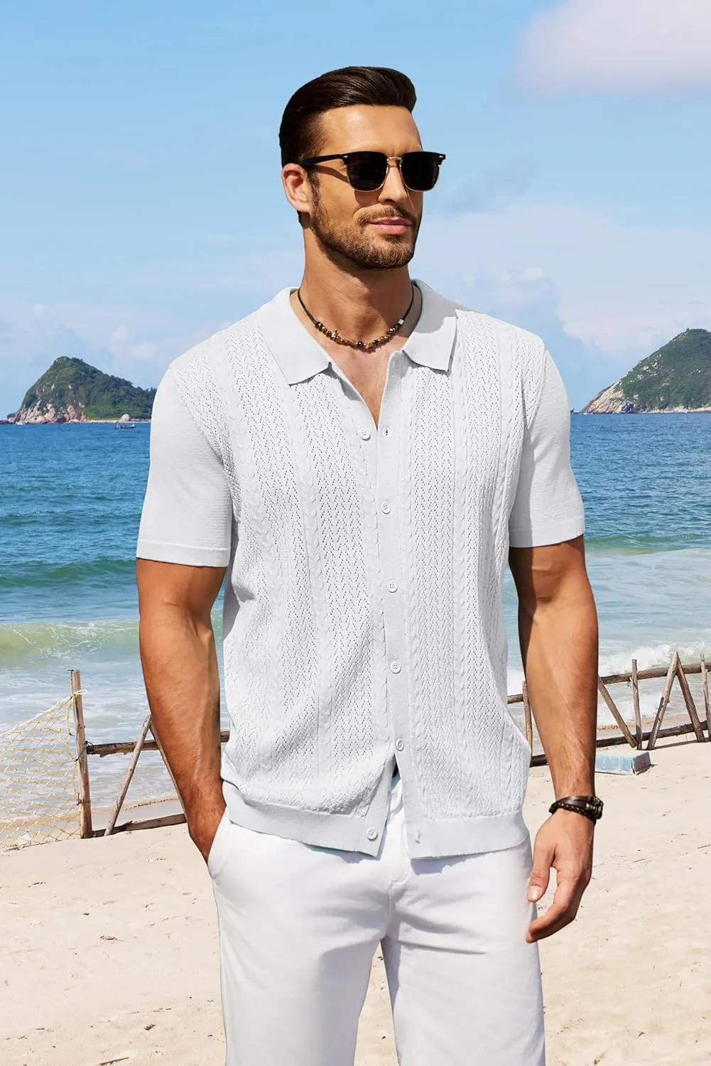 COOFANDY Mens Knit Polo Shirts Short Sleeve Button Down Shirts Casual Crochet Shirt Summer Vintage Polo