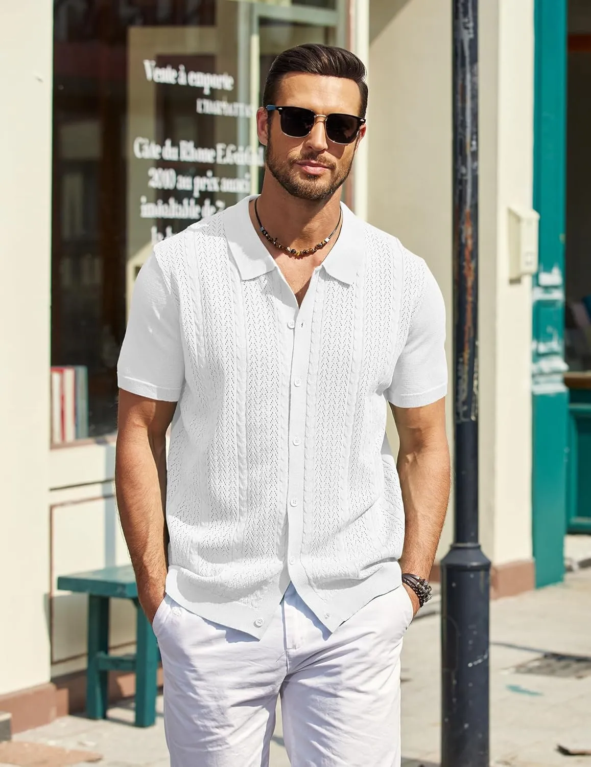 COOFANDY Mens Knit Polo Shirts Short Sleeve Button Down Shirts Casual Crochet Shirt Summer Vintage Polo