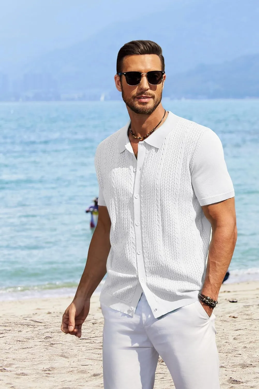 COOFANDY Mens Knit Polo Shirts Short Sleeve Button Down Shirts Casual Crochet Shirt Summer Vintage Polo