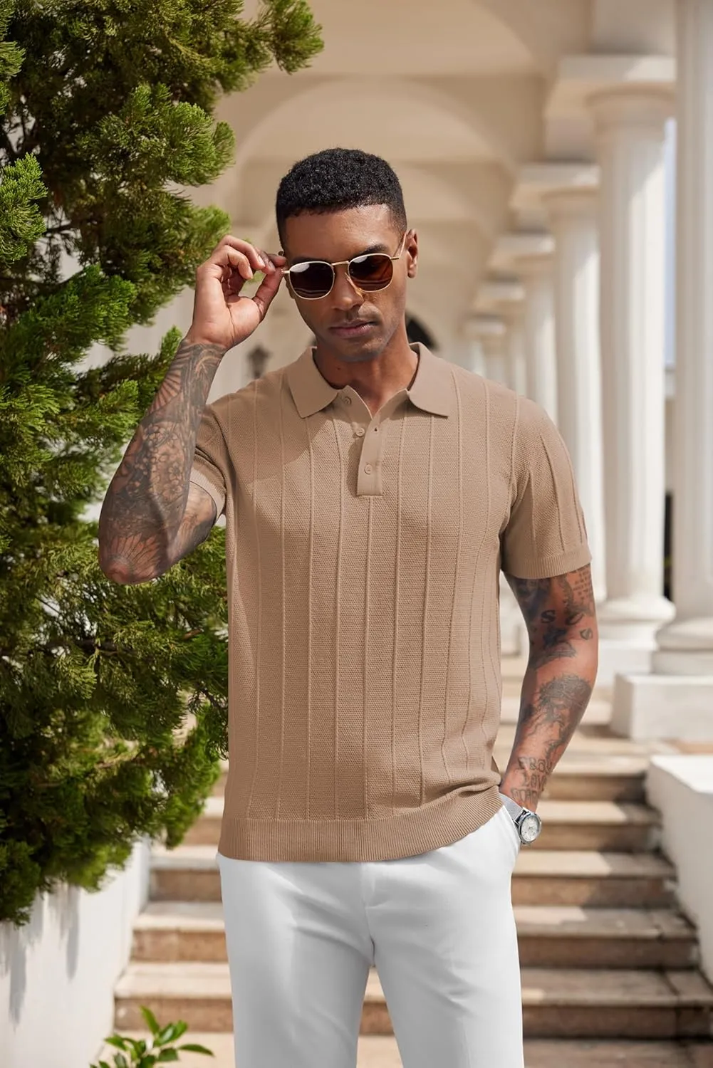 COOFANDY Mens Knit Polo Shirts Short Sleeve Ribbed Textured Polo Shirt Lightweight Casual Golf Shirts Collared T Shirt