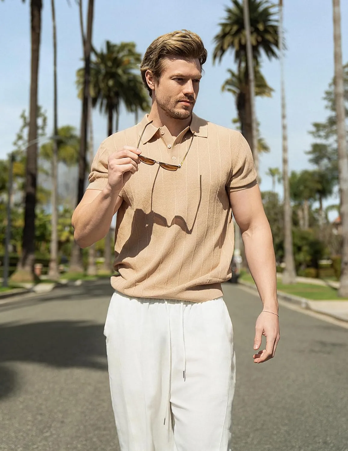 COOFANDY Mens Knit Polo Shirts Short Sleeve Ribbed Textured Polo Shirt Lightweight Casual Golf Shirts Collared T Shirt
