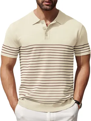COOFANDY Men's Knit Polo Shirts Short Sleeve Striped Golf Polo Shirts Lightweight Casual Collared T Shirt