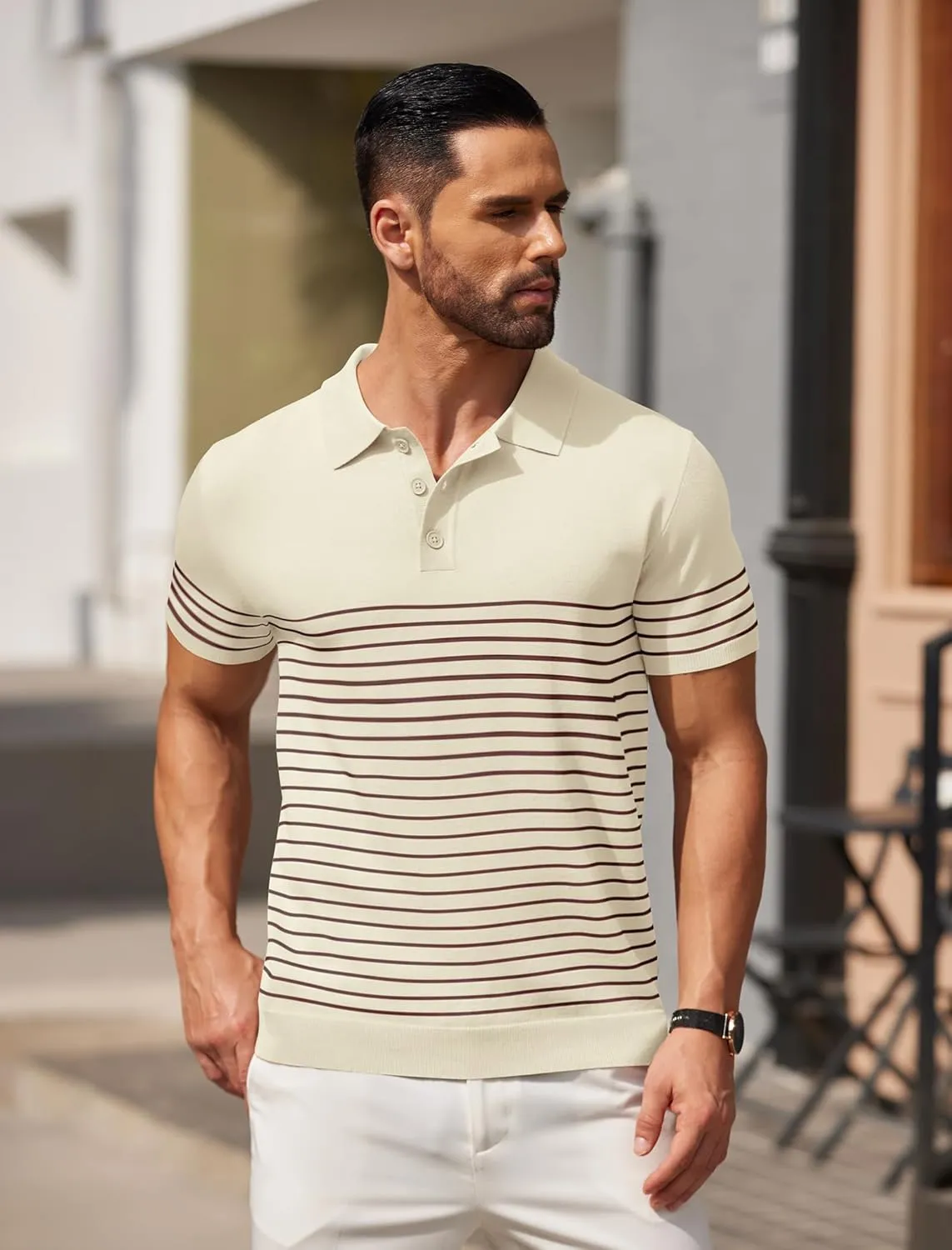 COOFANDY Men's Knit Polo Shirts Short Sleeve Striped Golf Polo Shirts Lightweight Casual Collared T Shirt