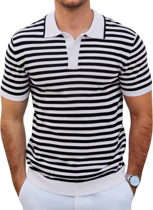 COOFANDY Men's Knit Polo Shirts Short Sleeve Striped Golf Polo Shirts Lightweight Casual Collared T Shirt