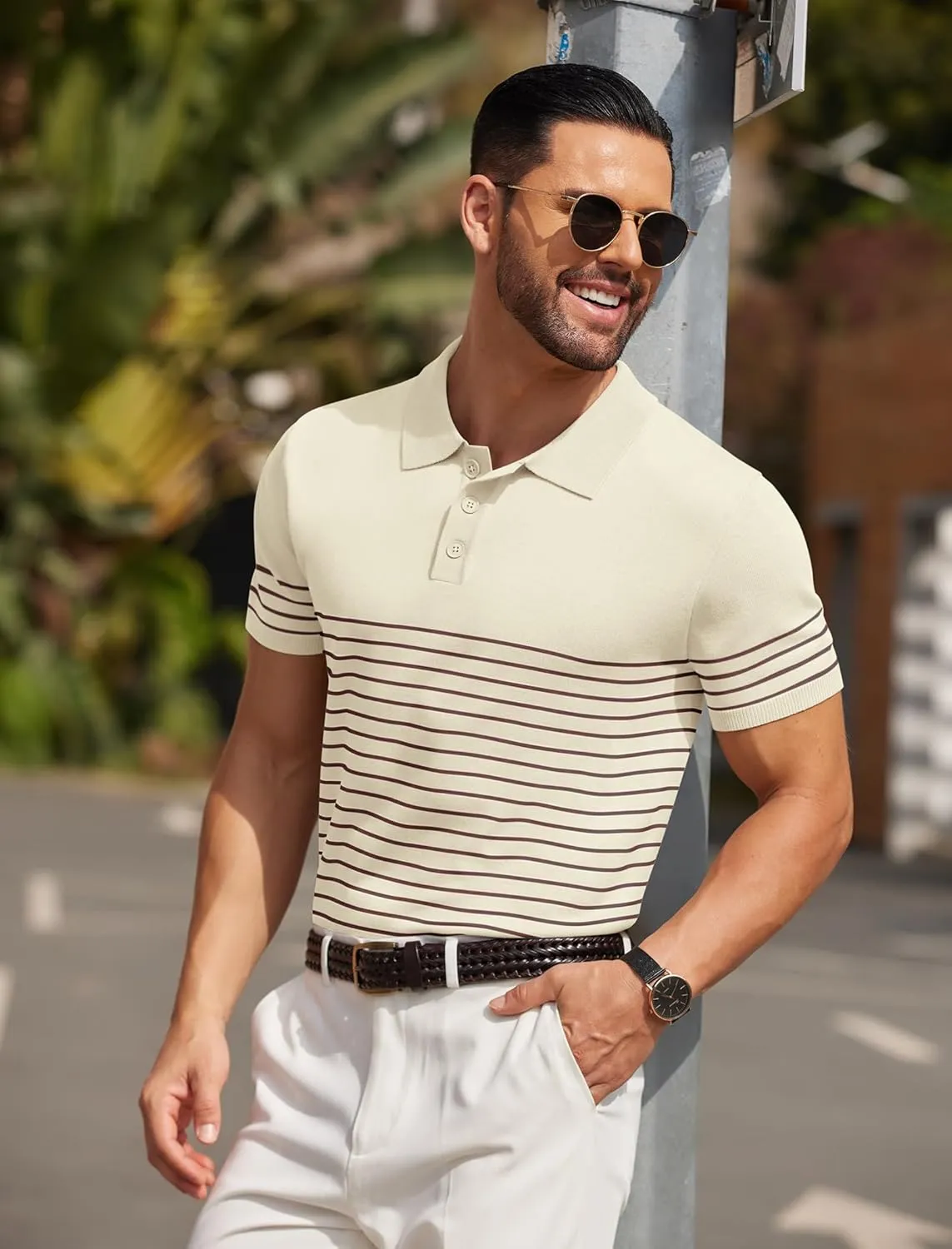 COOFANDY Men's Knit Polo Shirts Short Sleeve Striped Golf Polo Shirts Lightweight Casual Collared T Shirt