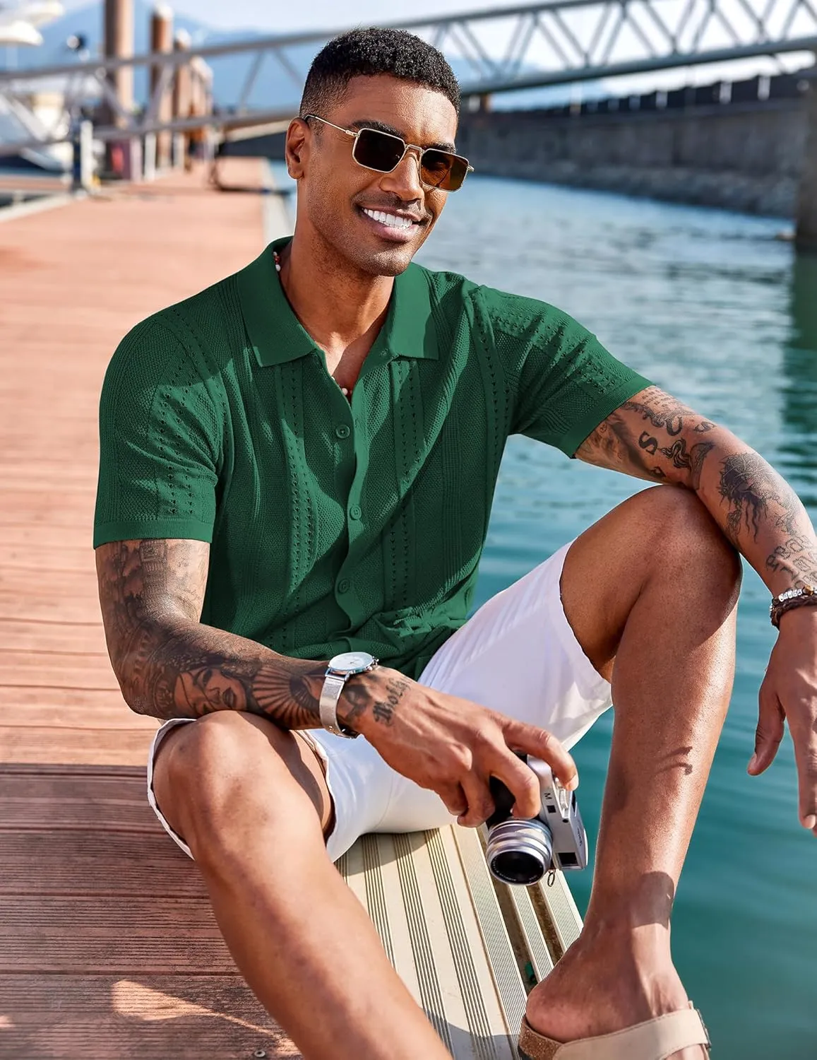 COOFANDY Men's Knit Shirts Short Sleeve Button Down Polo Shirt Fashion Casual Summer Beach Shirts