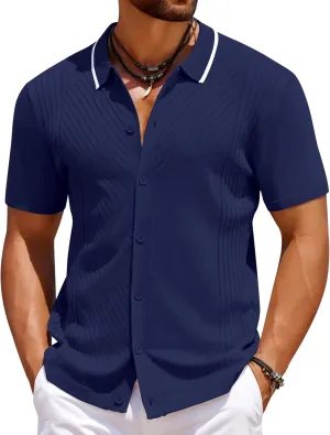 COOFANDY Men's Knit Short Sleeve Button Down Shirt Vintage Polo Shirt Casual Summer Beach Shirts