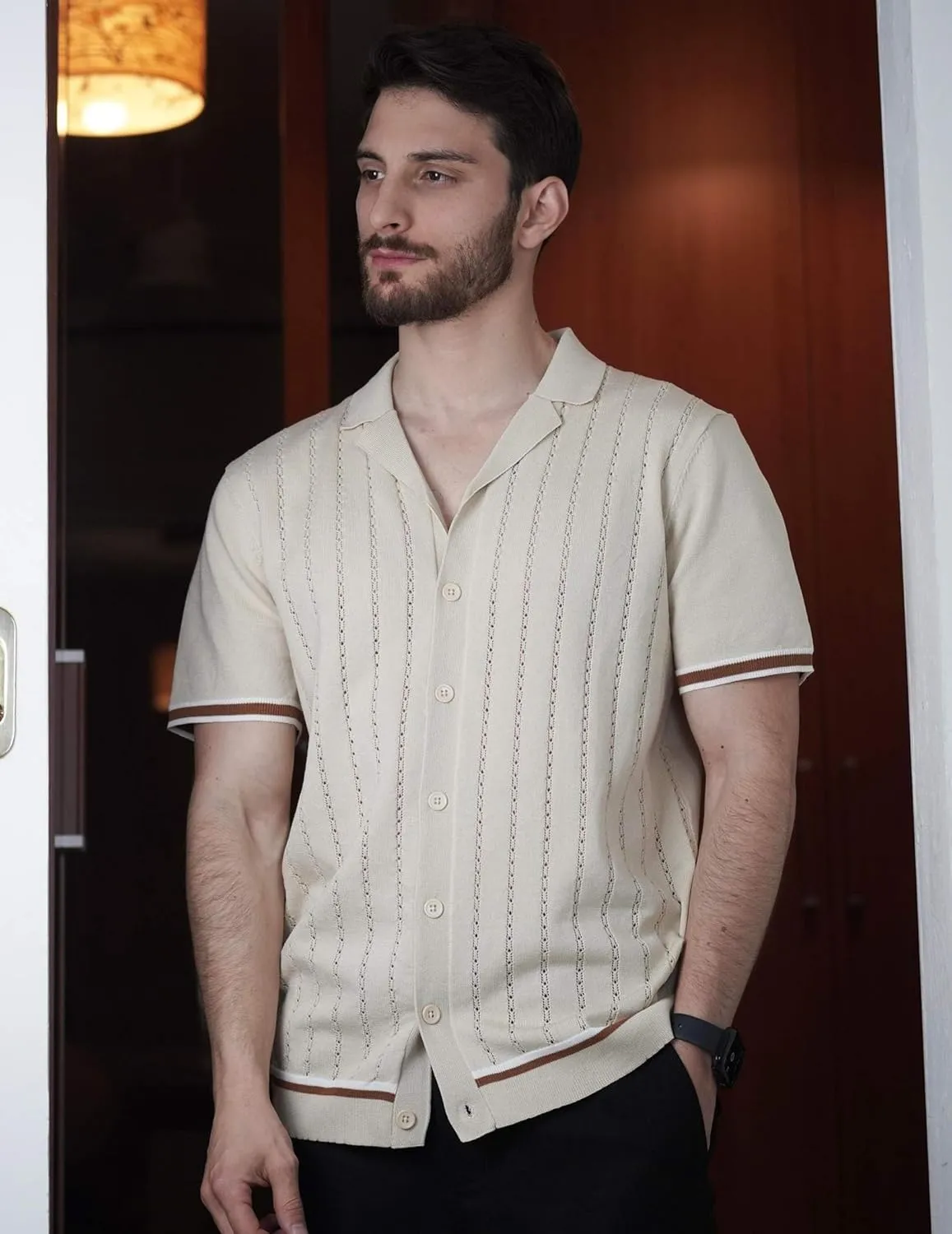 COOFANDY Men's Short Sleeve Knit Shirt Casual Button Down Shirt Vintage Striped Knitted Golf Beach Tops