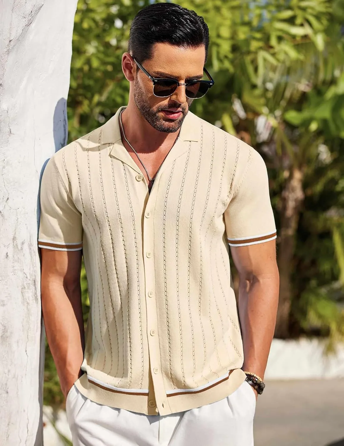 COOFANDY Men's Short Sleeve Knit Shirt Casual Button Down Shirt Vintage Striped Knitted Golf Beach Tops