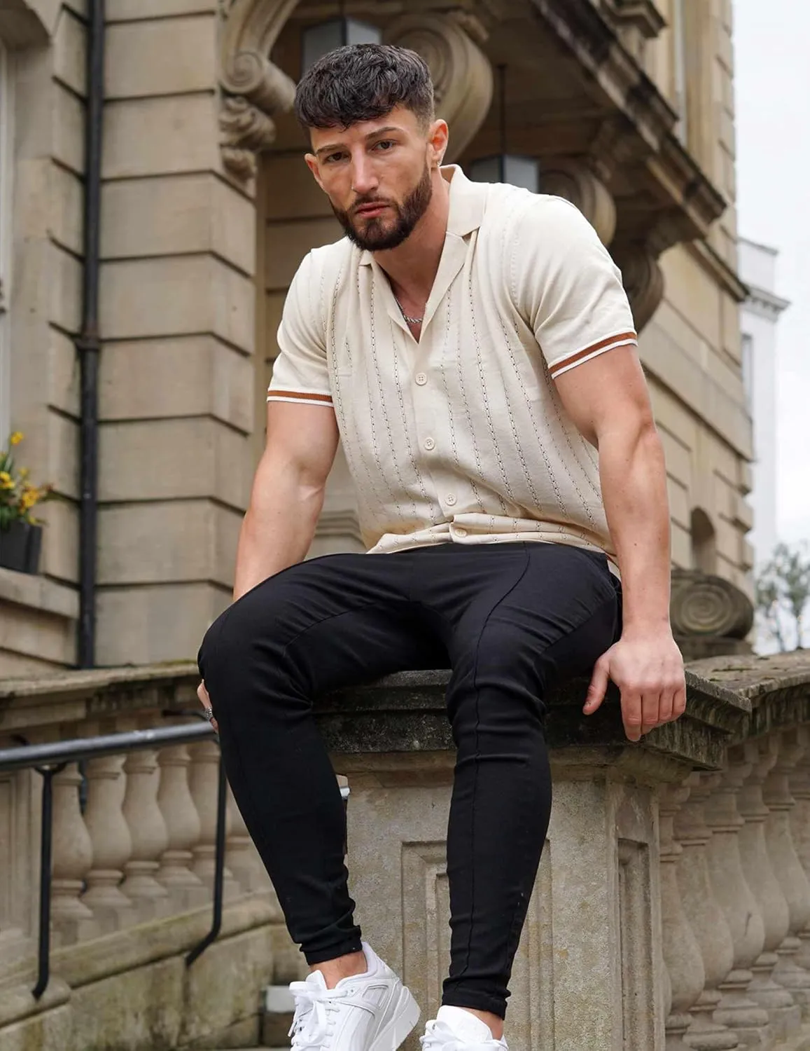 COOFANDY Men's Short Sleeve Knit Shirt Casual Button Down Shirt Vintage Striped Knitted Golf Beach Tops
