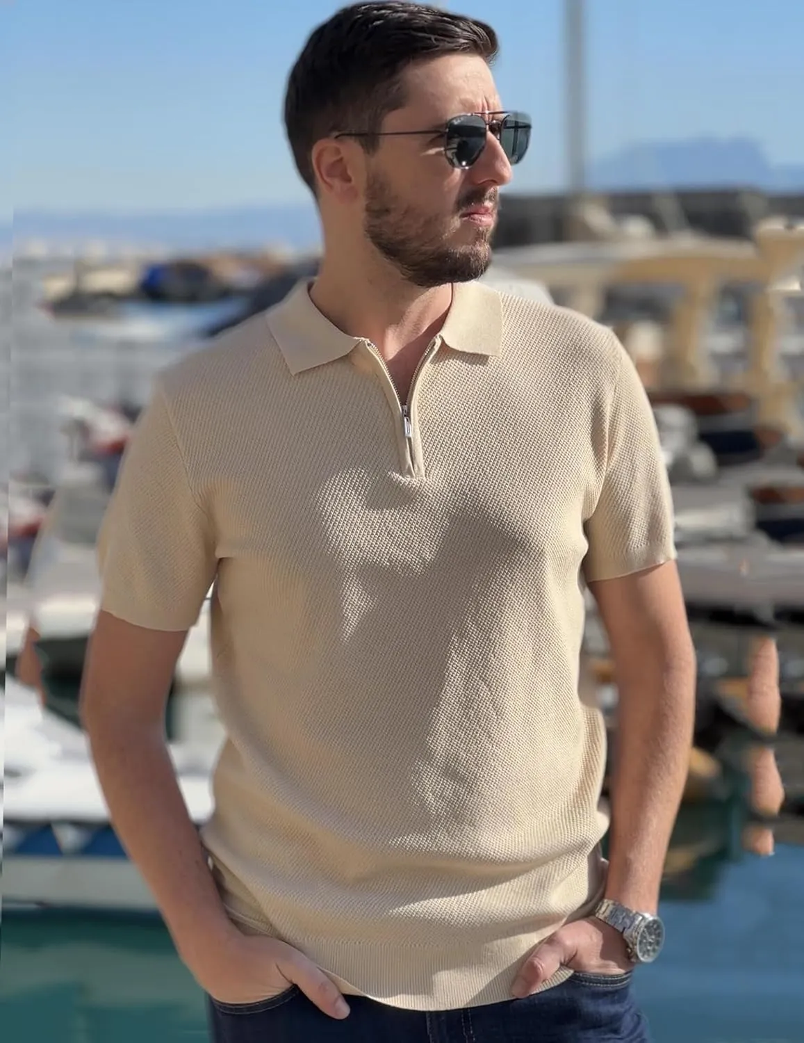 COOFANDY Mens Textured Knit Polo Shirts Zipper Polo Shirts Short Sleeve Casual Lightweight Golf Shirt