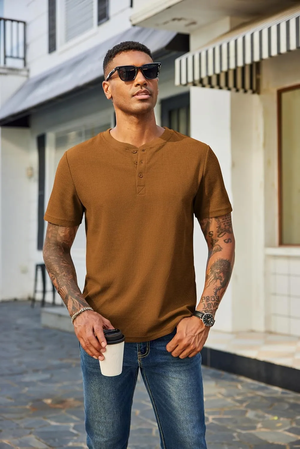 COOFANDY Men's Waffle Henley Short Sleeve Textured T Shirt Casual Button Tee Shirts Heavyweight Henley Summer Top