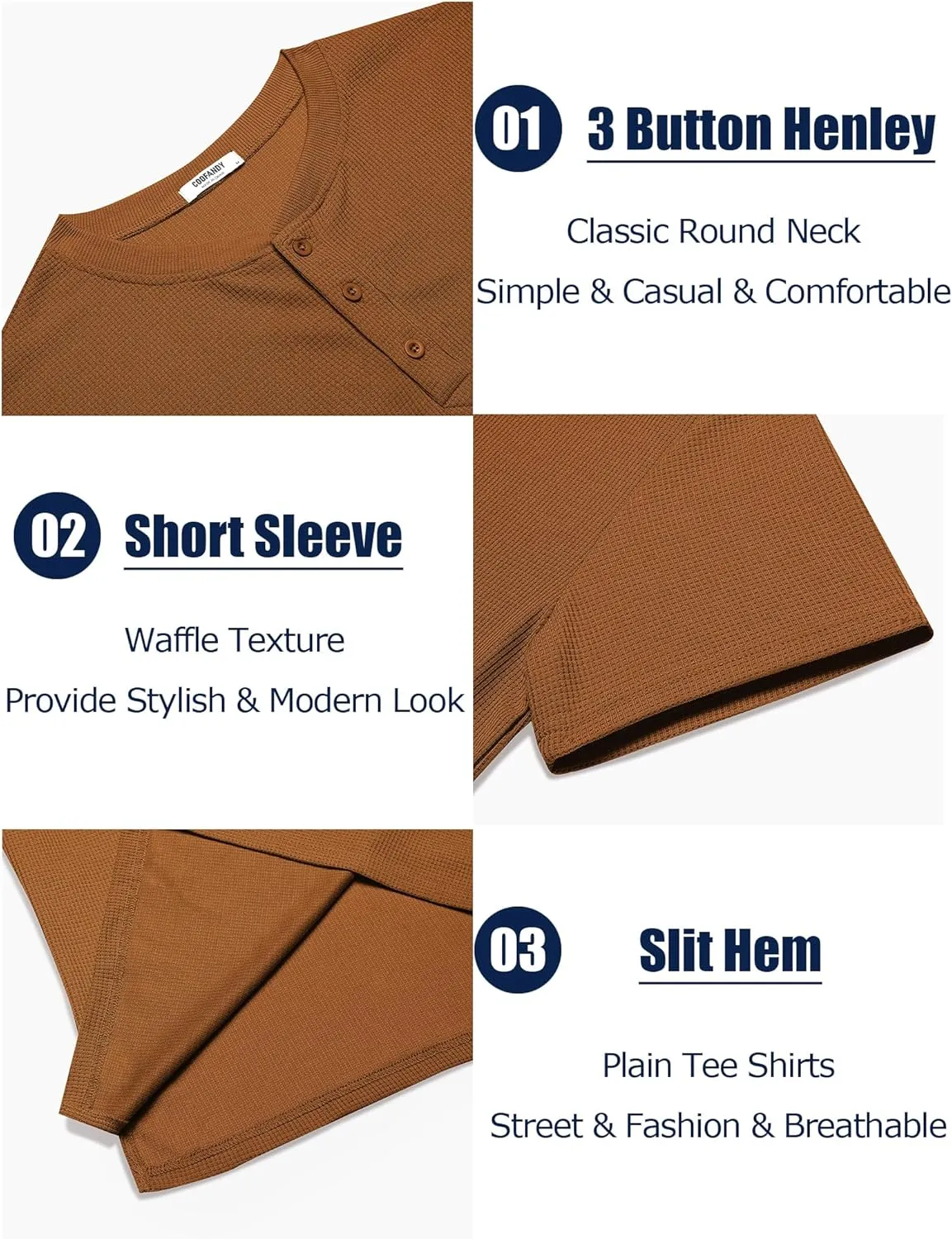 COOFANDY Men's Waffle Henley Short Sleeve Textured T Shirt Casual Button Tee Shirts Heavyweight Henley Summer Top