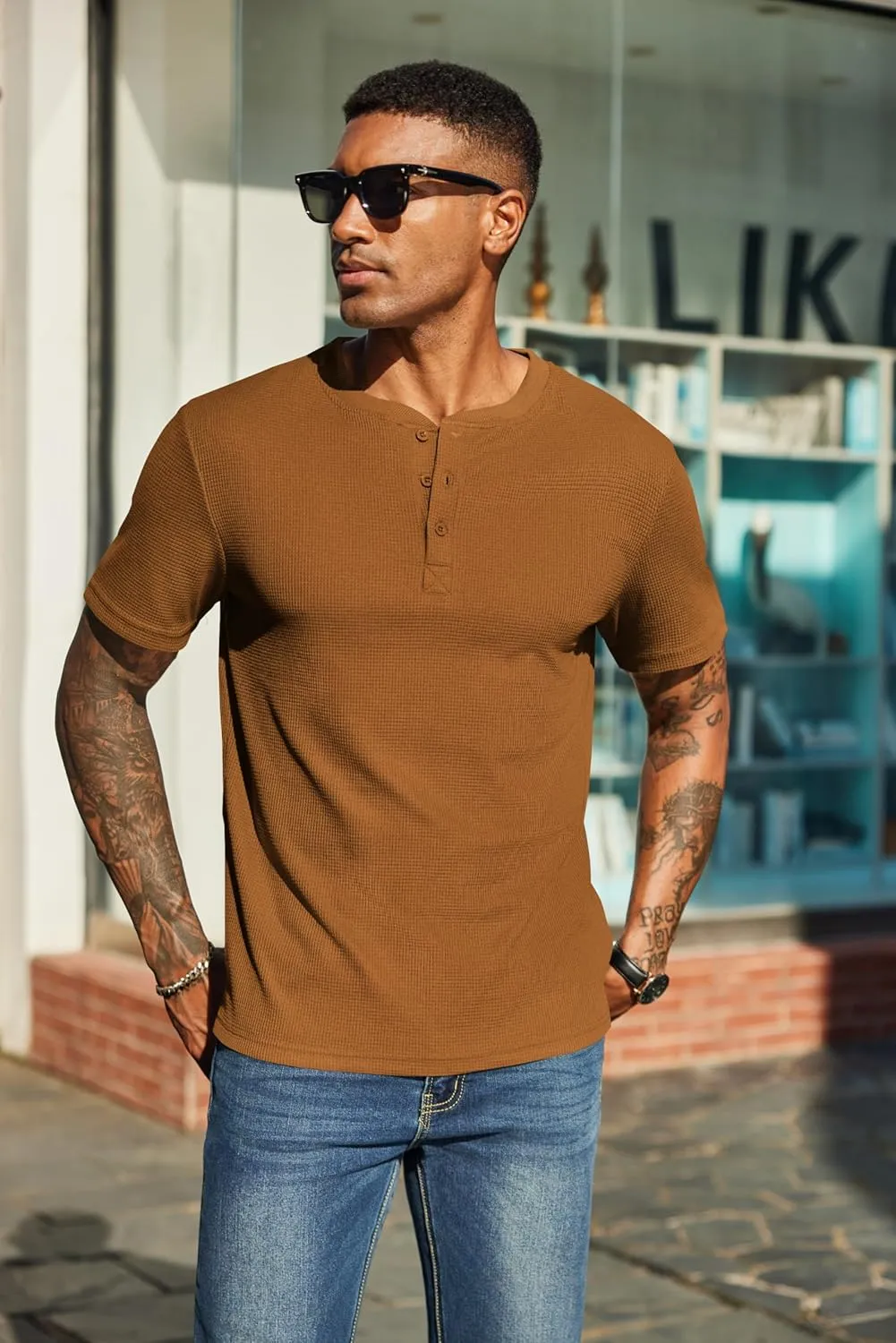 COOFANDY Men's Waffle Henley Short Sleeve Textured T Shirt Casual Button Tee Shirts Heavyweight Henley Summer Top