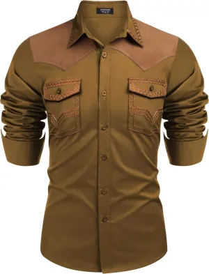 COOFANDY Men's Western Cowboy Shirt Embroidered Long Sleeve Slim Fit Casual Cotton Button Down Hippie Shirts with Pockets