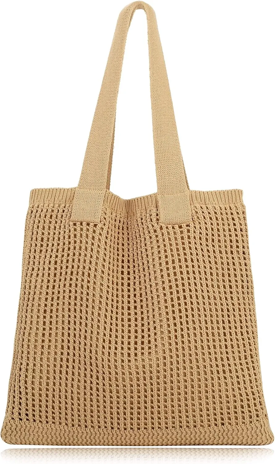 COOKOOKY Beach Bag with added lining Crochet Tote Bag for Women Aesthetic Handmade Knit Shoulder Bag