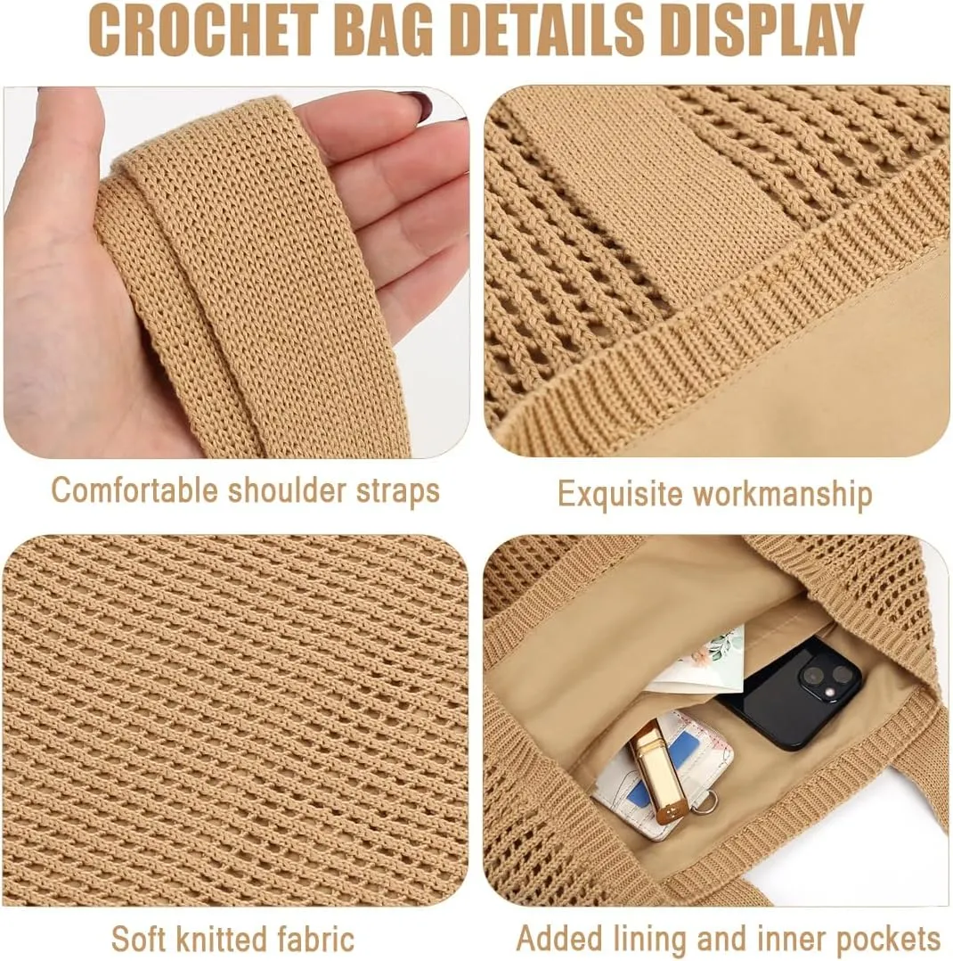 COOKOOKY Beach Bag with added lining Crochet Tote Bag for Women Aesthetic Handmade Knit Shoulder Bag