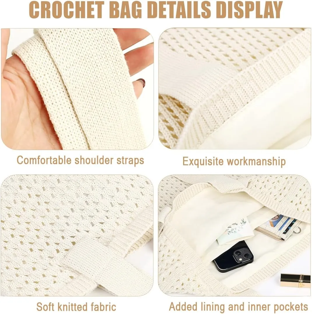 COOKOOKY Beach Bag with added lining Crochet Tote Bag for Women Aesthetic Handmade Knit Shoulder Bag