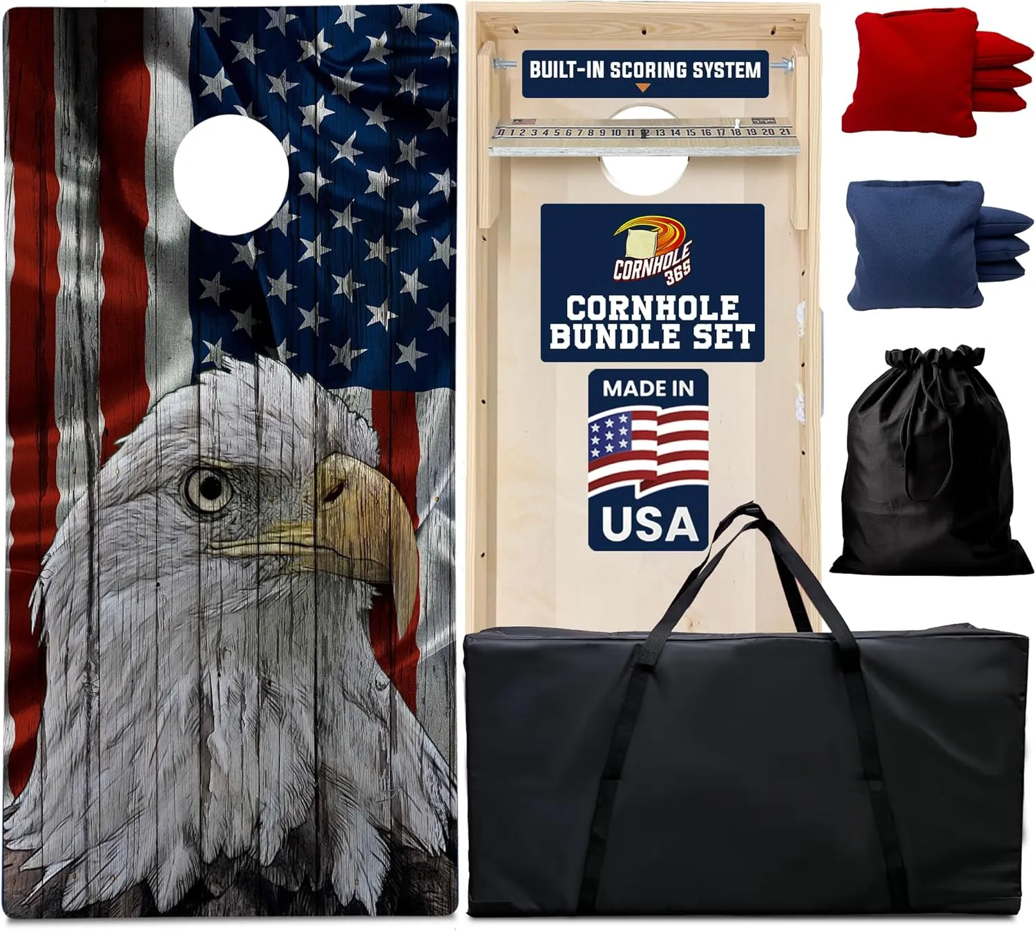 Cornhole365 Complete Cornhole Board Set - Includes Solid Wood Cornhole Board, 8 All-Weather Cornhole Bags, Portable Carrying Case & String Tote Bag Outdoor Game Bundle