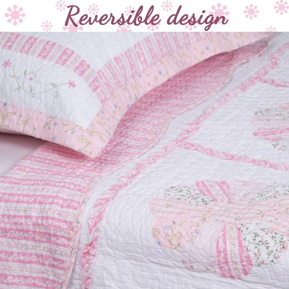 Cozy Line Home Fashions 100% Cotton Real Patchwork Pink Flora Dresden Plate Reversible Quilt Bedding Set, Coverlet, Bedspread (Daisy Field, King - 3 Piece)