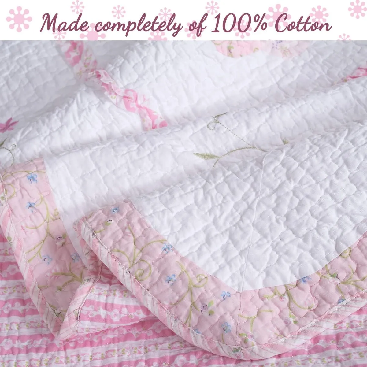 Cozy Line Home Fashions 100% Cotton Real Patchwork Pink Flora Dresden Plate Reversible Quilt Bedding Set, Coverlet, Bedspread (Daisy Field, King - 3 Piece)