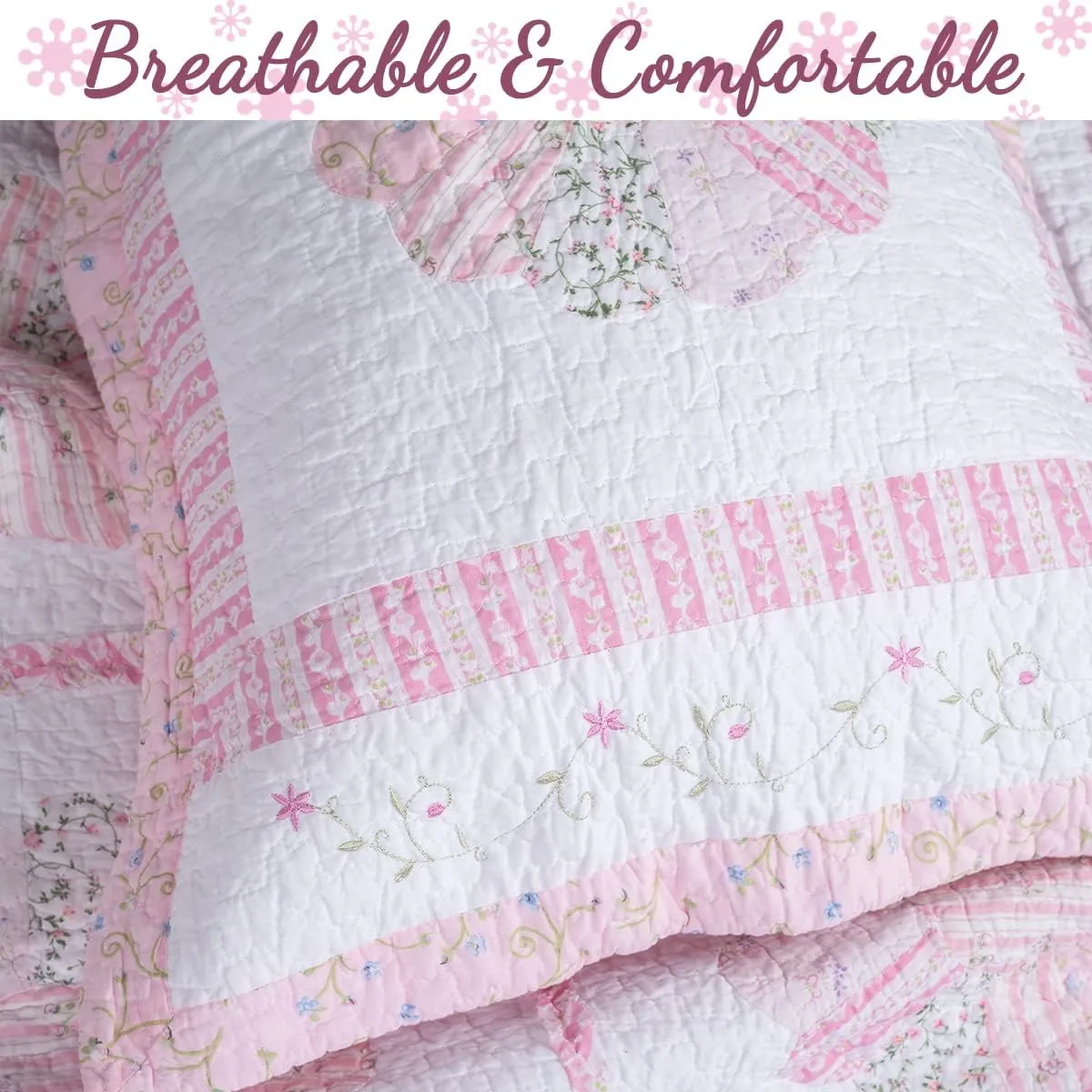 Cozy Line Home Fashions 100% Cotton Real Patchwork Pink Flora Dresden Plate Reversible Quilt Bedding Set, Coverlet, Bedspread (Daisy Field, King - 3 Piece)