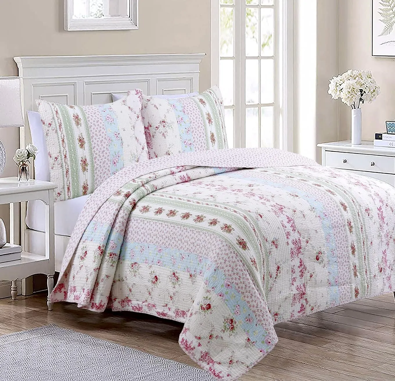 Cozy Line Home Fashions 100% Cotton Real Patchwork Pink Floral Cottage Shabby Chic Reversible Quilt Bedding Set, Bedspread, Coverlet (Wild Rose, Queen - 3 Piece)