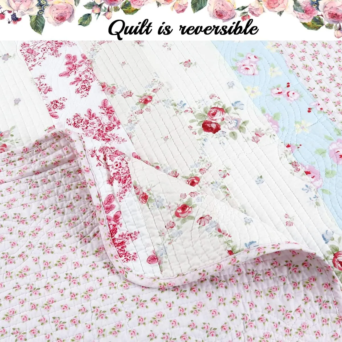Cozy Line Home Fashions 100% Cotton Real Patchwork Pink Floral Cottage Shabby Chic Reversible Quilt Bedding Set, Bedspread, Coverlet (Wild Rose, Queen - 3 Piece)
