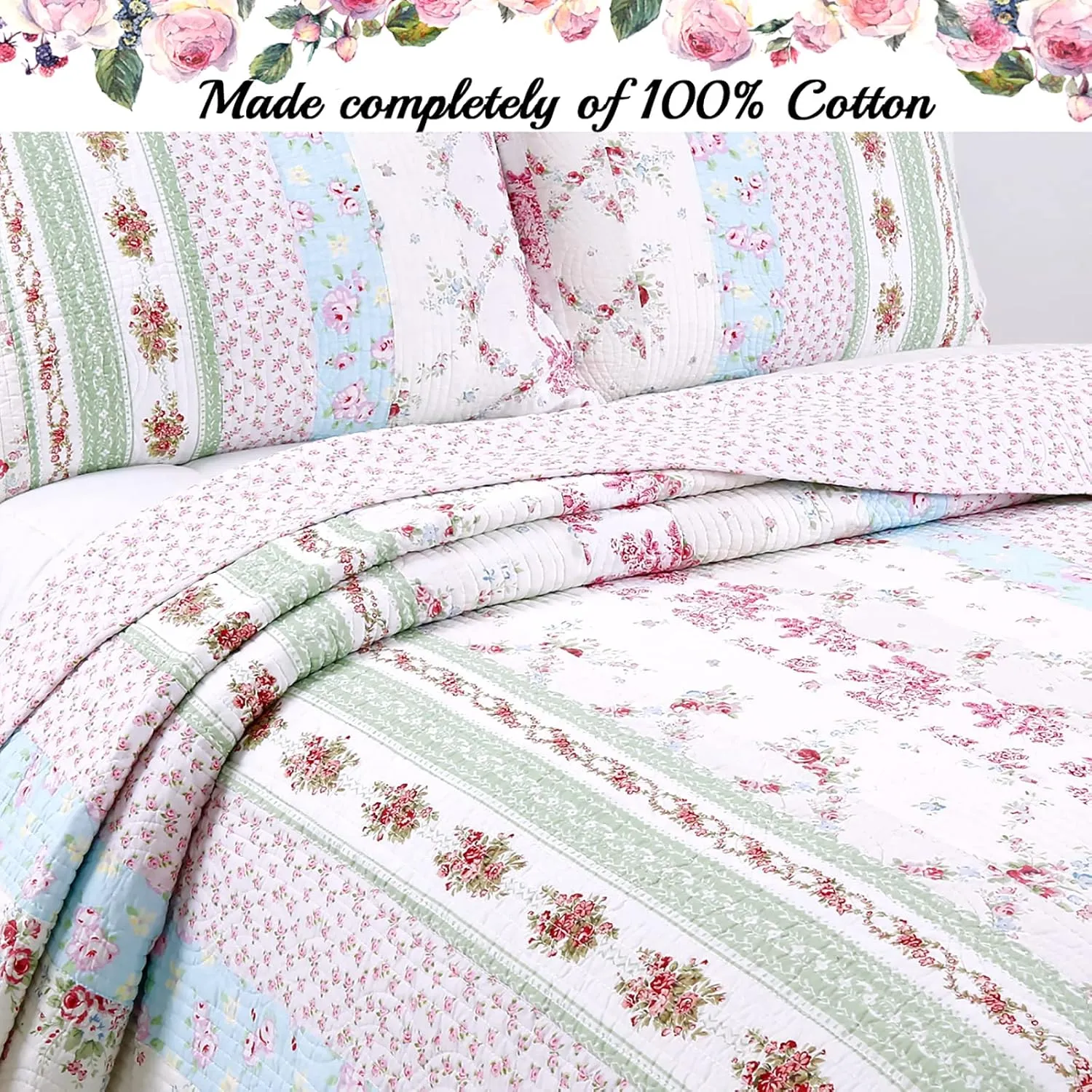 Cozy Line Home Fashions 100% Cotton Real Patchwork Pink Floral Cottage Shabby Chic Reversible Quilt Bedding Set, Bedspread, Coverlet (Wild Rose, Queen - 3 Piece)