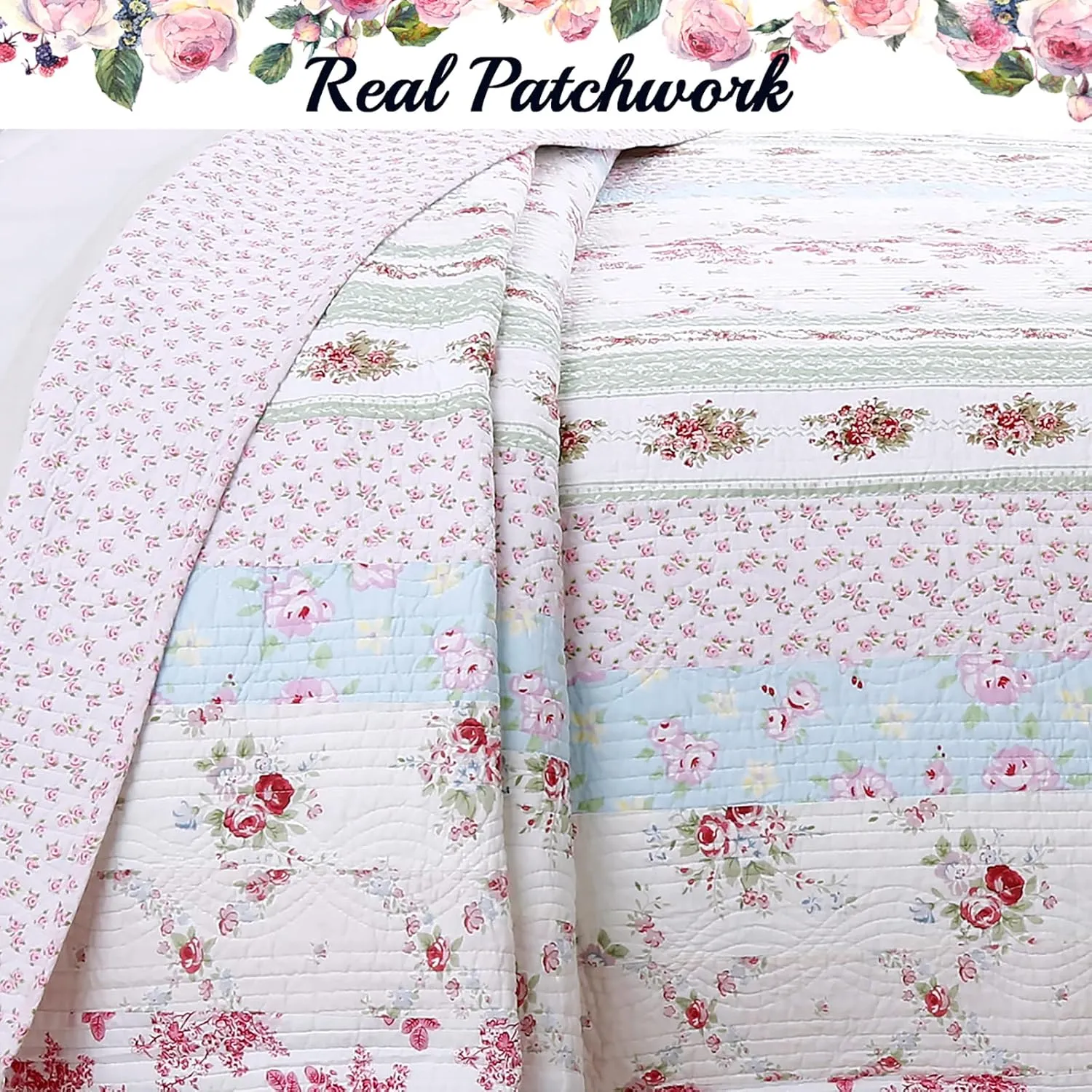 Cozy Line Home Fashions 100% Cotton Real Patchwork Pink Floral Cottage Shabby Chic Reversible Quilt Bedding Set, Bedspread, Coverlet (Wild Rose, Queen - 3 Piece)