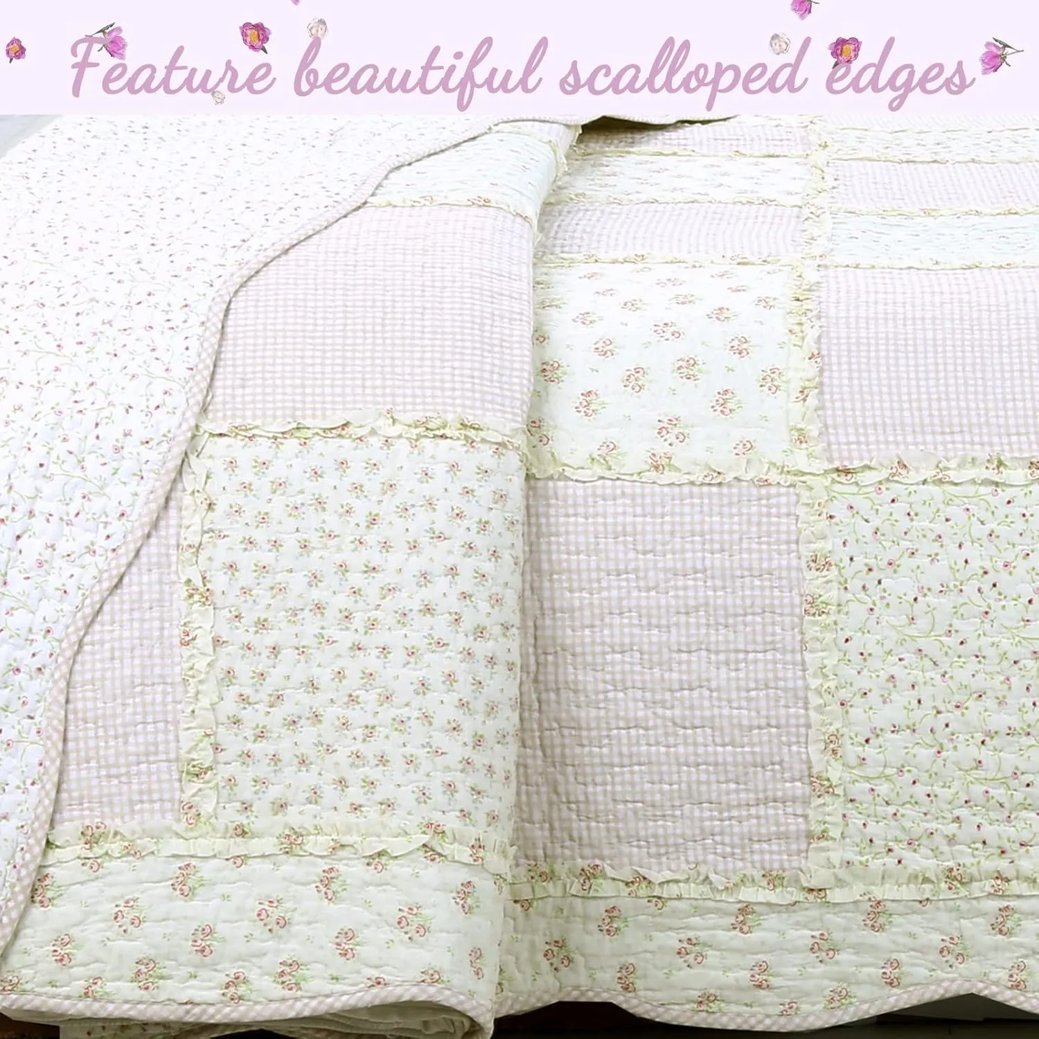 Cozy Line Home Fashions 100% Cotton Real Patchwork Reversible Shabby Chic Girly Floral Pink Peachy Quilt Bedding Set, Coverlet Bedspread (Old-Fashioned Sweetness, Twin - 2 Piece)