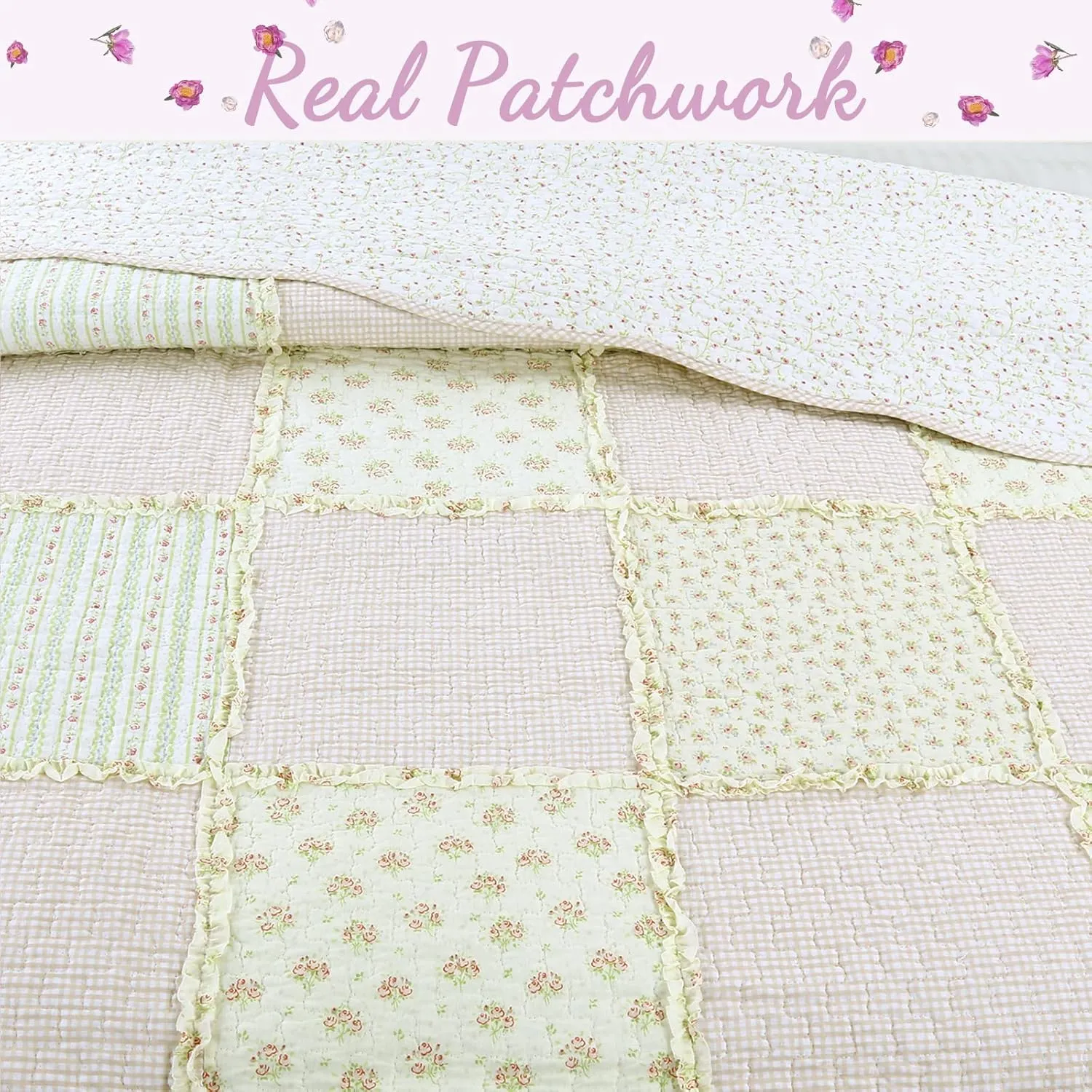 Cozy Line Home Fashions 100% Cotton Real Patchwork Reversible Shabby Chic Girly Floral Pink Peachy Quilt Bedding Set, Coverlet Bedspread (Old-Fashioned Sweetness, Twin - 2 Piece)
