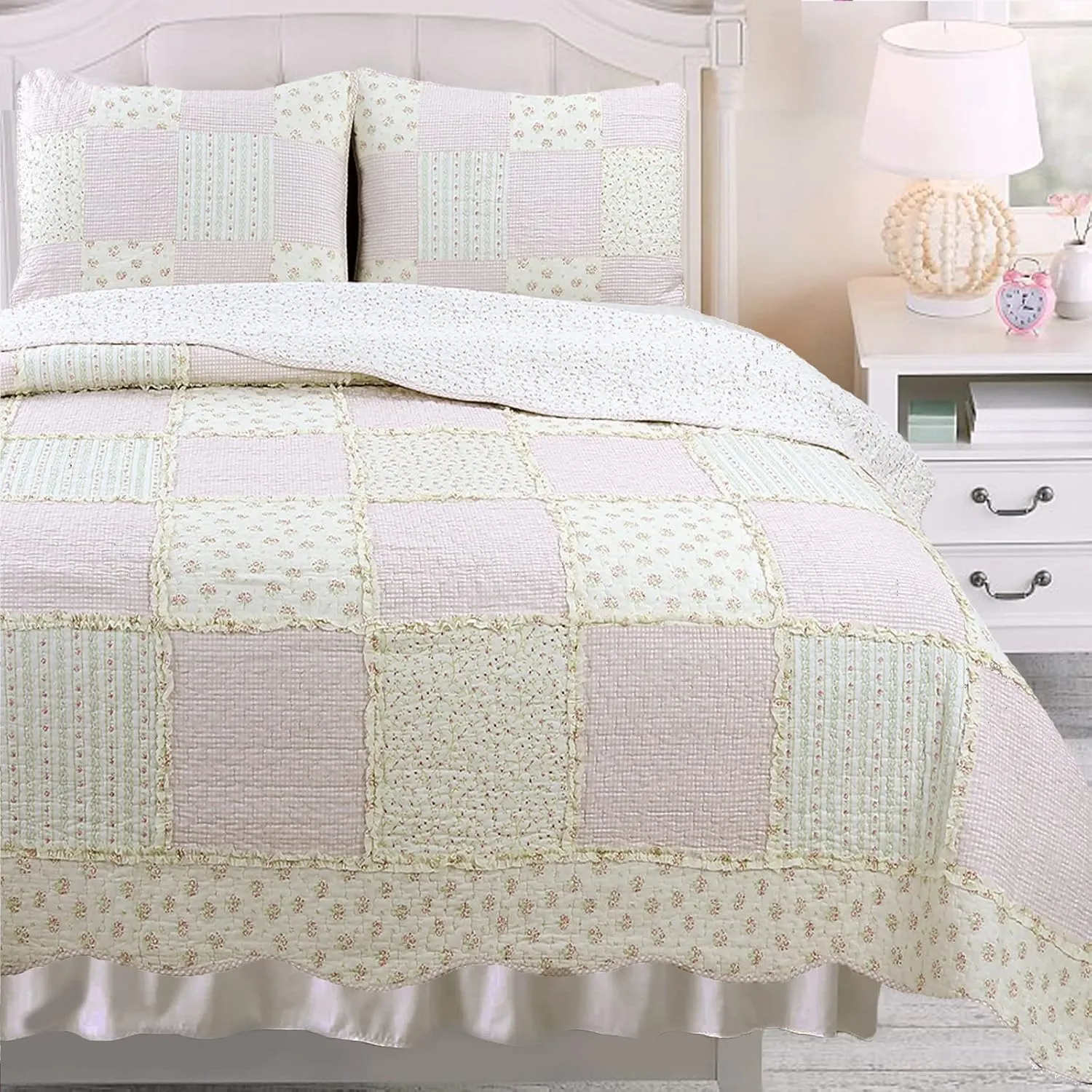 Cozy Line Home Fashions 100% Cotton Real Patchwork Reversible Shabby Chic Girly Floral Pink Peachy Quilt Bedding Set, Coverlet Bedspread (Old-Fashioned Sweetness, Twin - 2 Piece)