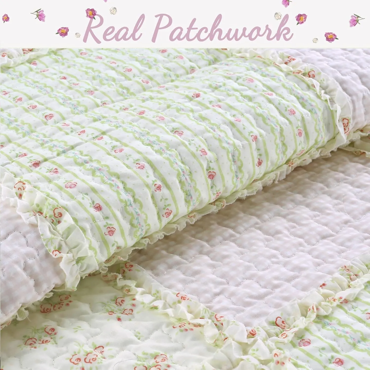 Cozy Line Home Fashions 100% Cotton Real Patchwork Reversible Shabby Chic Girly Floral Pink Peachy Quilt Bedding Set, Coverlet Bedspread (Old-Fashioned Sweetness, Twin - 2 Piece)