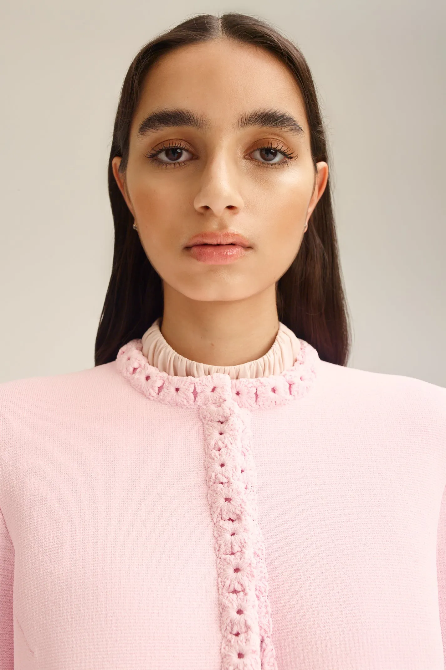 CREPE KNIT DAISY STITCH JACKET - TINTED PINK