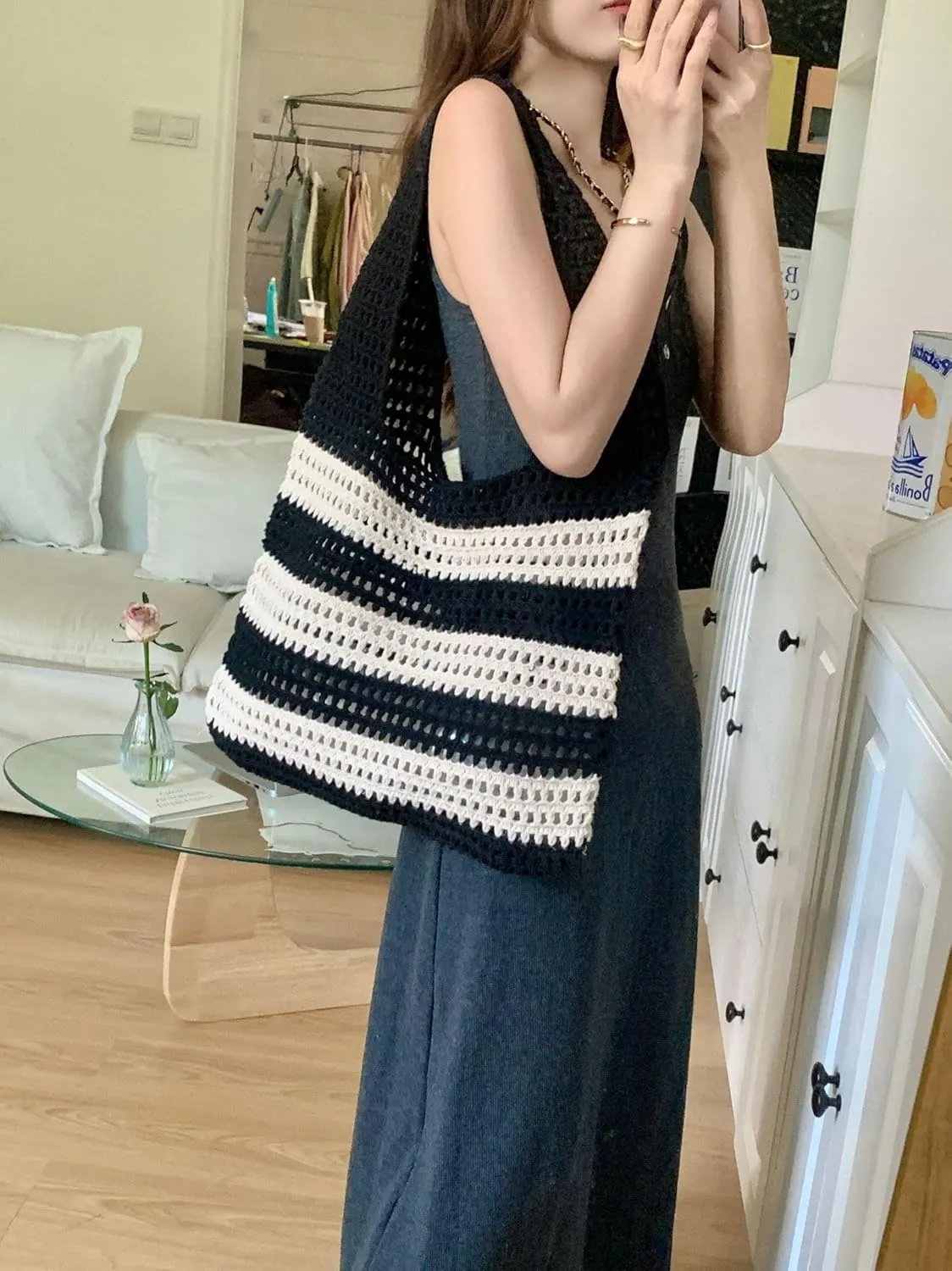 Crochet Tote Bag Cute Purse for Women Cutecore Key Chain Y2K Accessories Valentines Aesthetic Handbags for Women