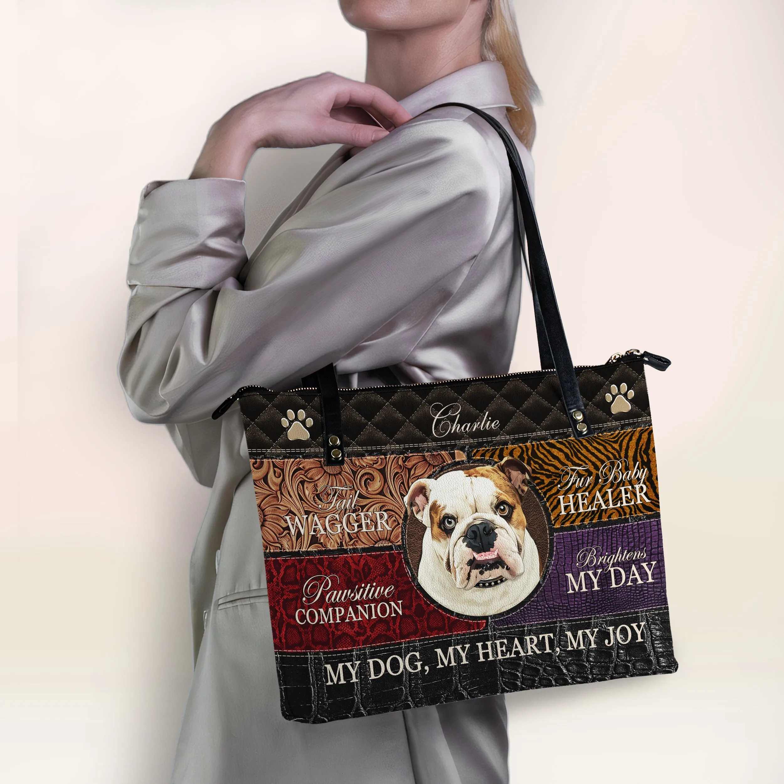 Custom Dog Leather Tote With Trendy Patchwork Design