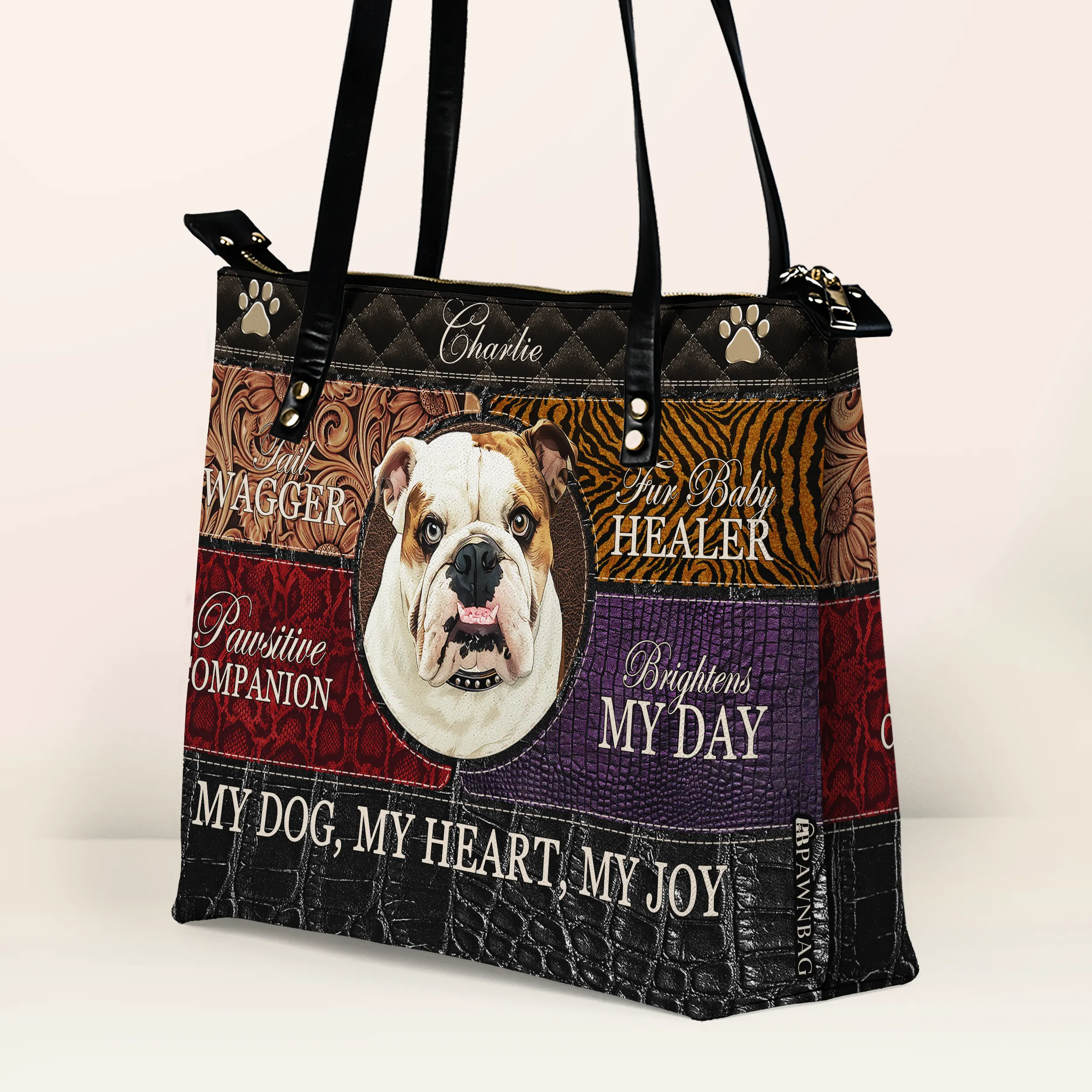 Custom Dog Leather Tote With Trendy Patchwork Design
