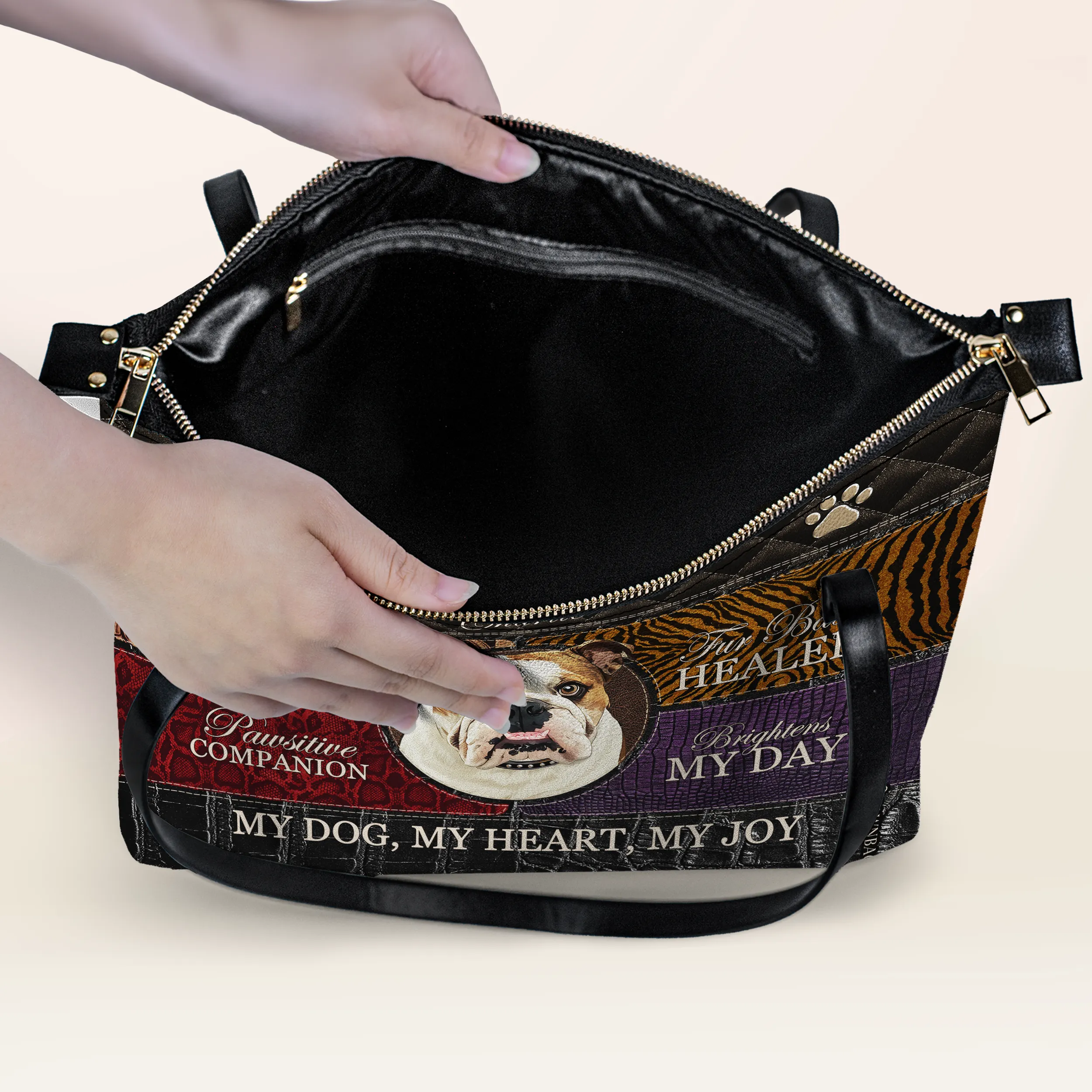 Custom Dog Leather Tote With Trendy Patchwork Design