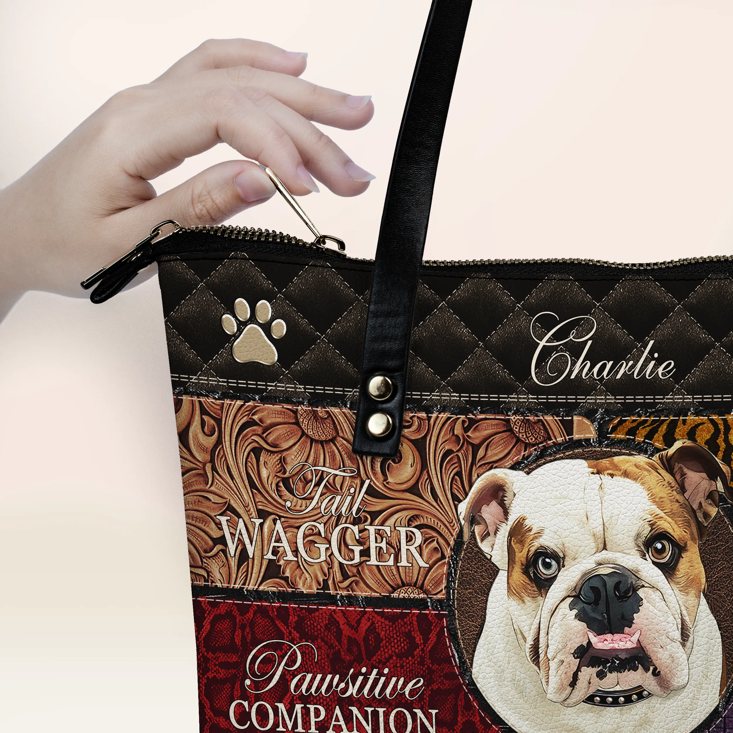 Custom Dog Leather Tote With Trendy Patchwork Design