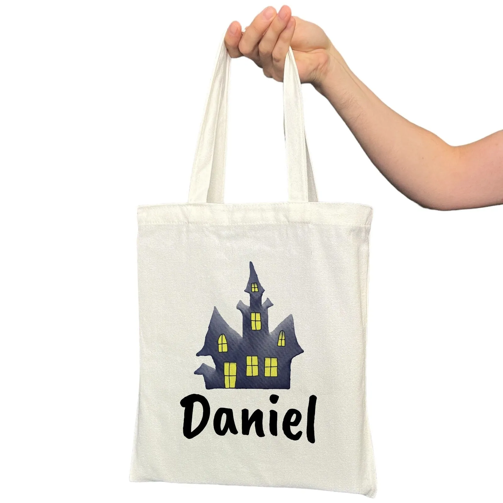 Customizable Small Tote Bags for Trick or Treating | Watercolor Witch Legs Halloween Designs with Personalized Name