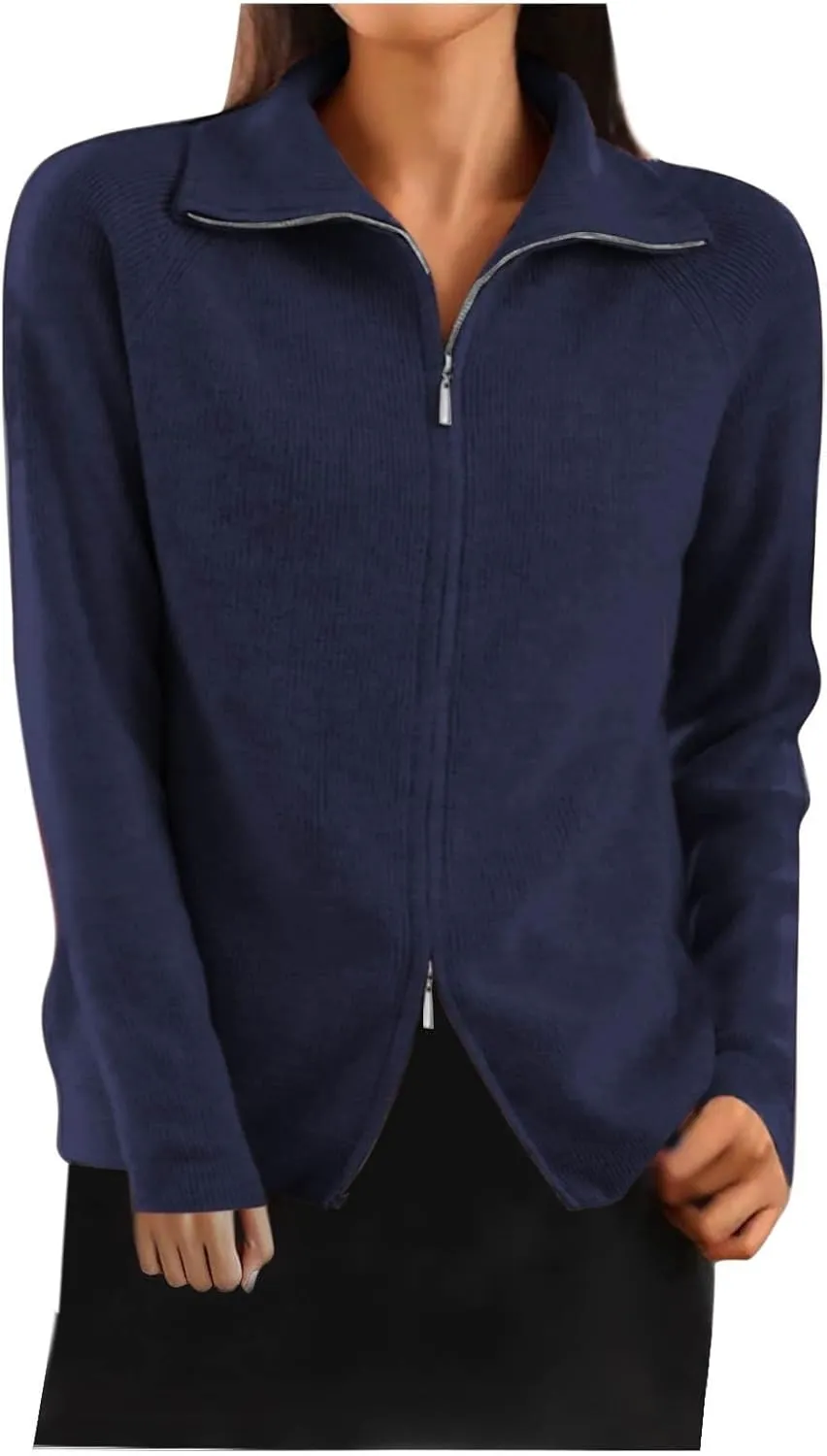 Cute Fall Sweaters for Women Trendy Long Sleeve Zip Up Collared Sweater Jackets Ribbed Knit Pullover Jumper