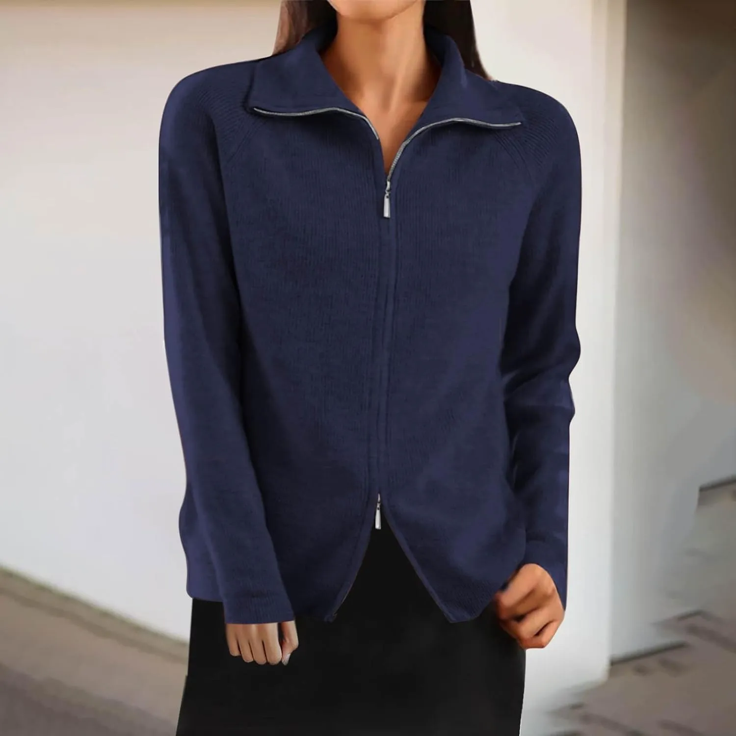 Cute Fall Sweaters for Women Trendy Long Sleeve Zip Up Collared Sweater Jackets Ribbed Knit Pullover Jumper