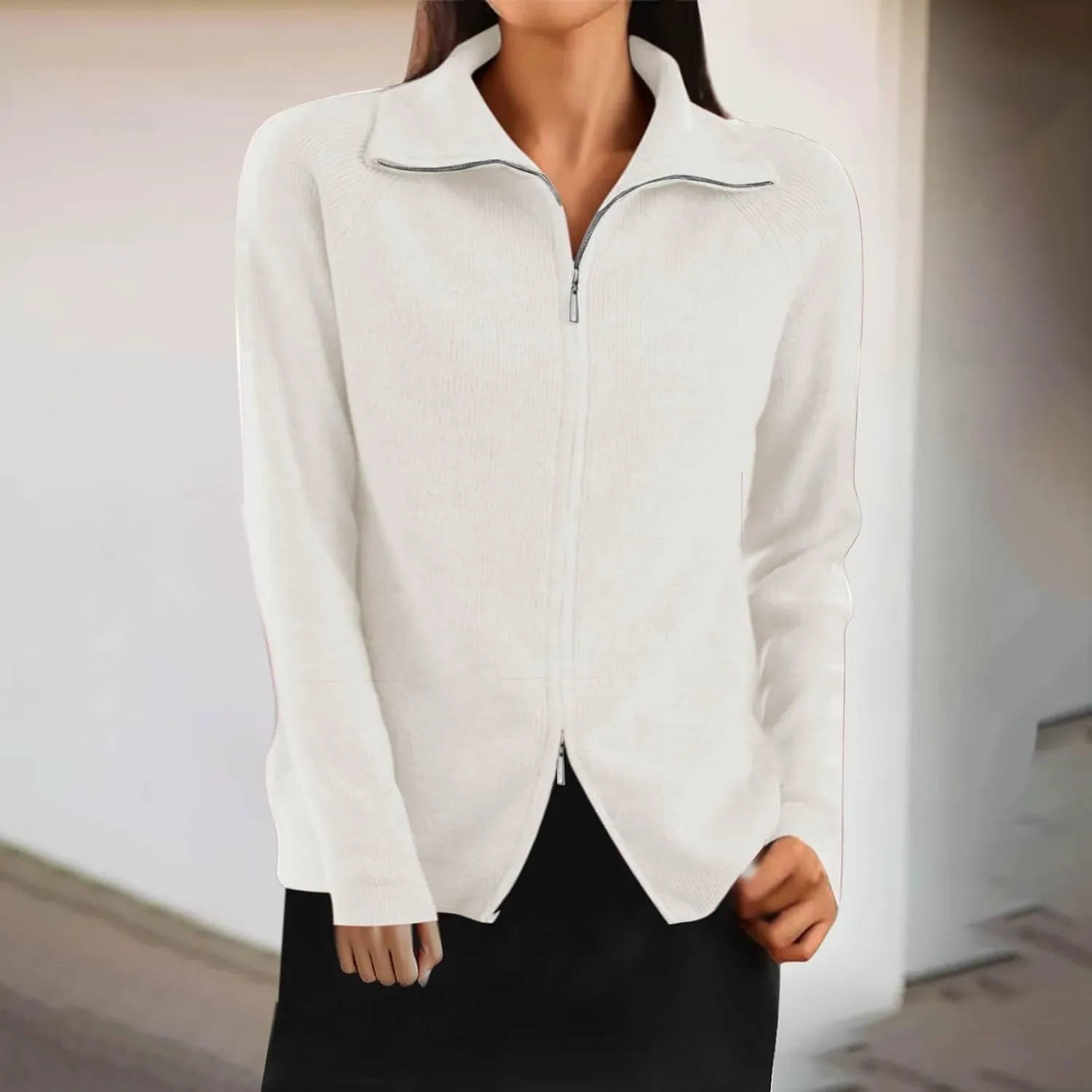 Cute Fall Sweaters for Women Trendy Long Sleeve Zip Up Collared Sweater Jackets Ribbed Knit Pullover Jumper