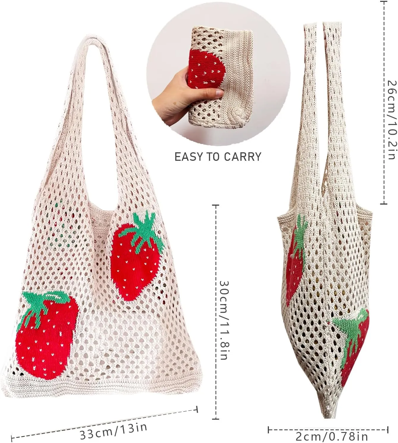 Cute Strawberry Pattern Tote Bag Crochet Tote Bag Shoulder Bag Handbags Knitting Bag Aesthetic Handmade Weaving