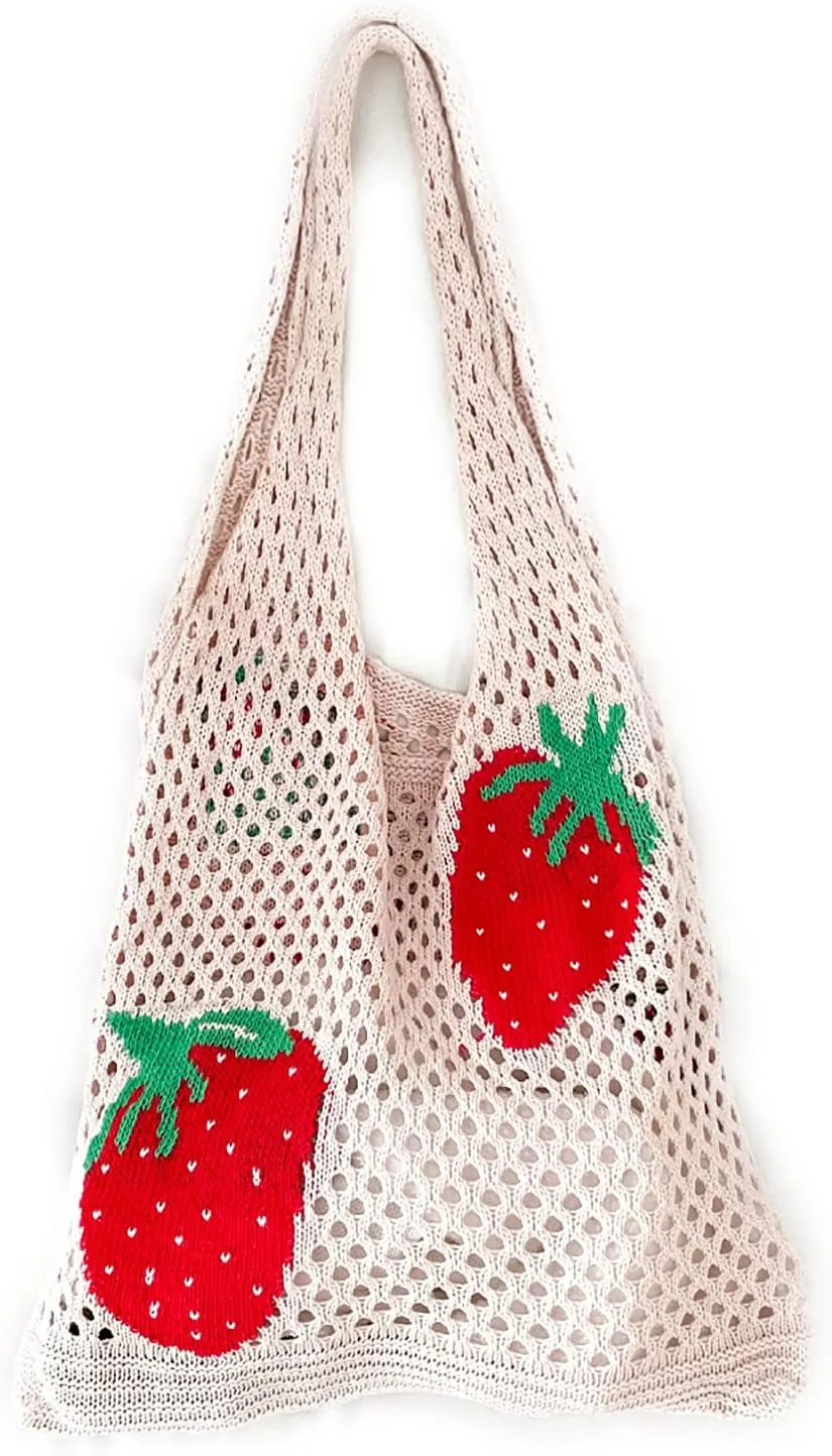 Cute Strawberry Pattern Tote Bag Crochet Tote Bag Shoulder Bag Handbags Knitting Bag Aesthetic Handmade Weaving